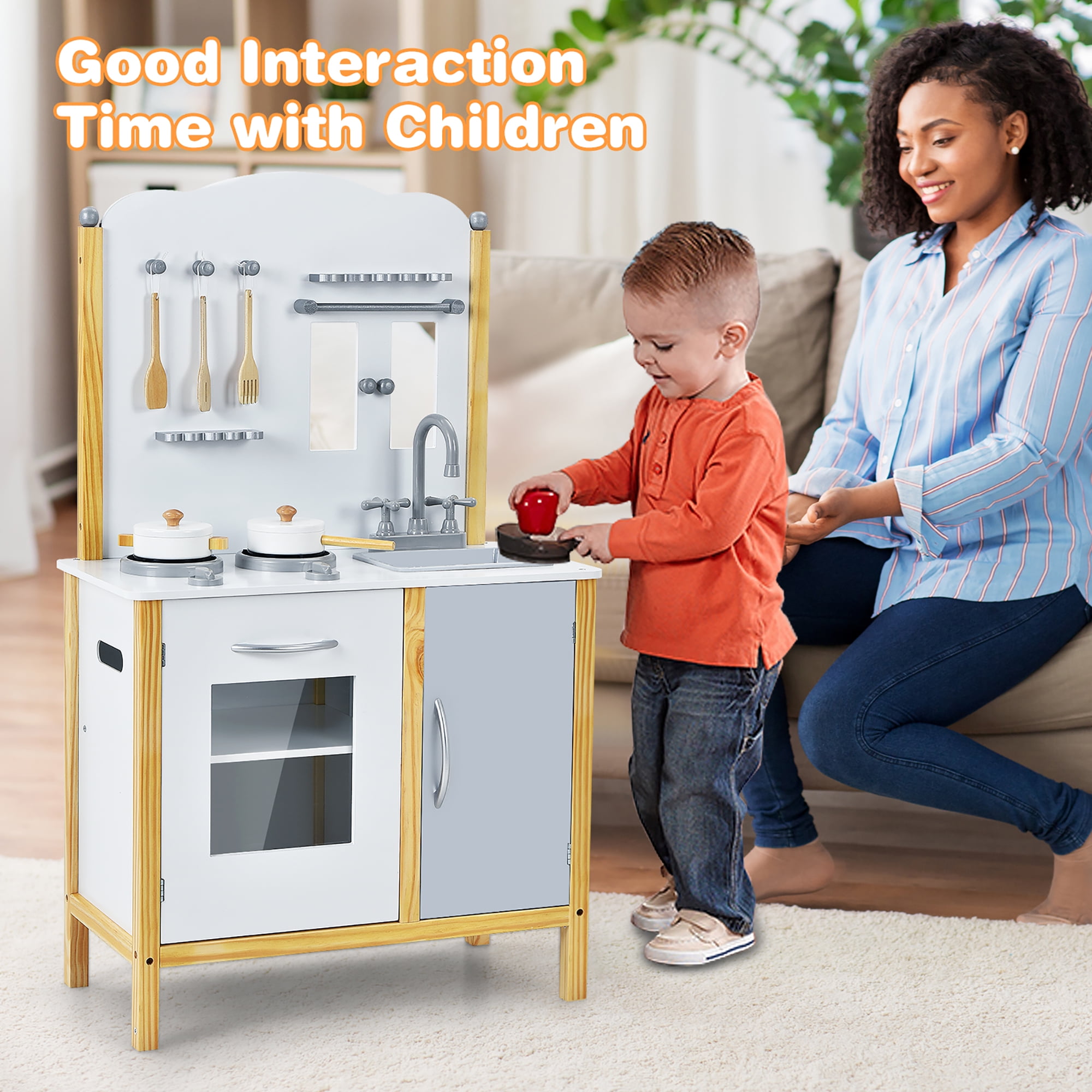 Costway Kids Play Kitchen Set Toddler Pretend Cooking Set w/ Cabinet&Accessories - Image 4