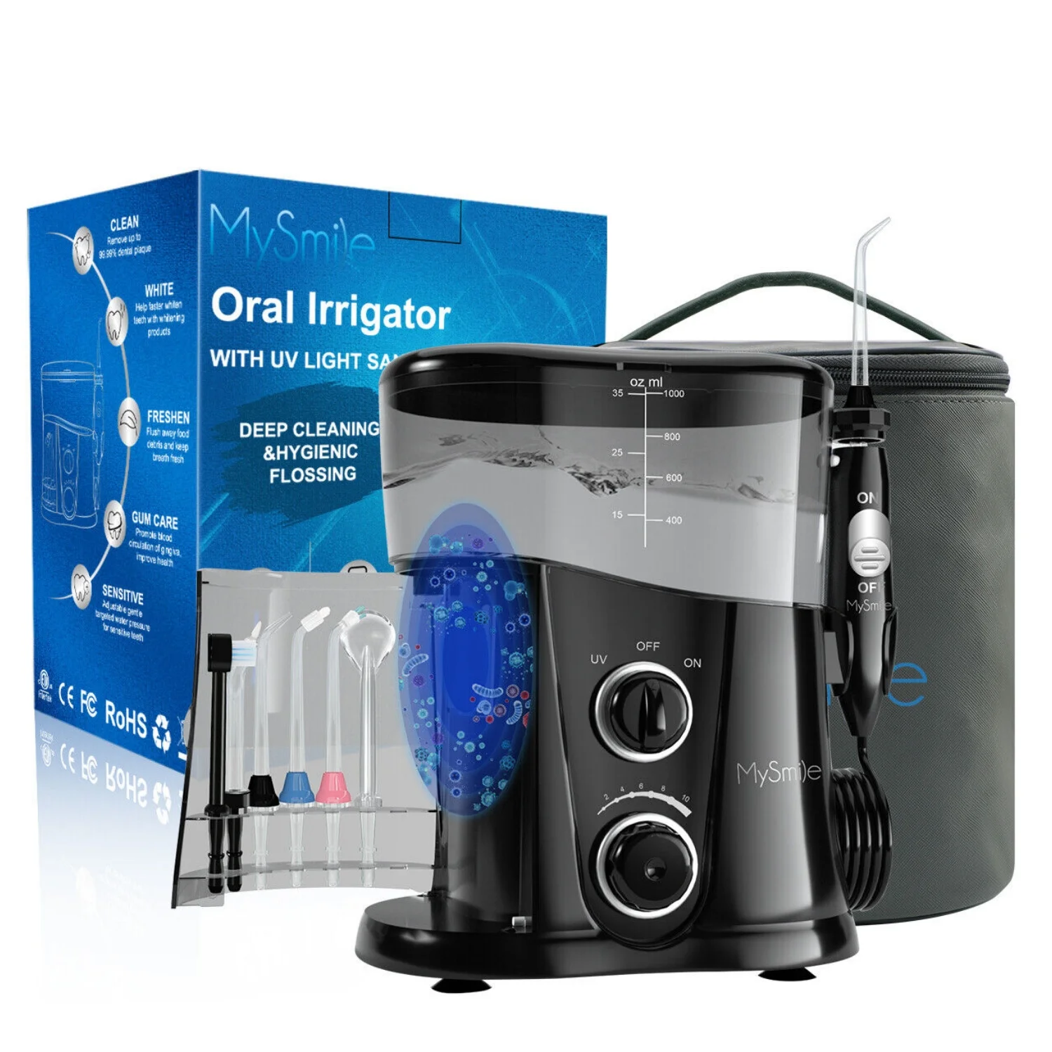 MySmile 1000ML Countertop Water Dental Flosser Teeth Cleaner 10 Settings Electric Power Oral Irrigator with Blue Light Storage Bag and 7 Jet Tips - Image 3