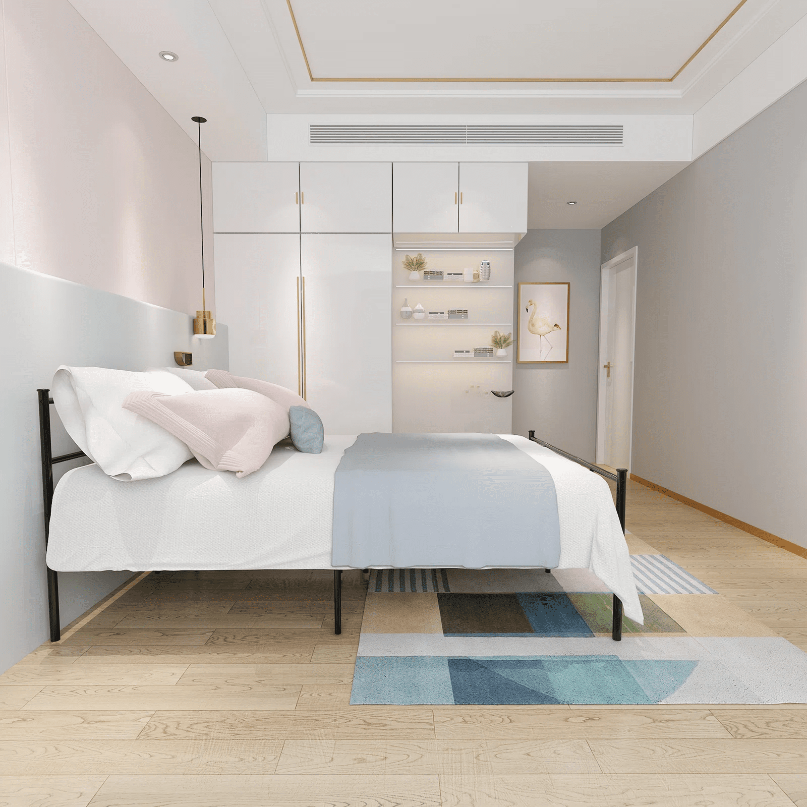 Yoneston Queen Size Metal Bed Bedroom Mattress Platform Foundation with Headboard - Image 2