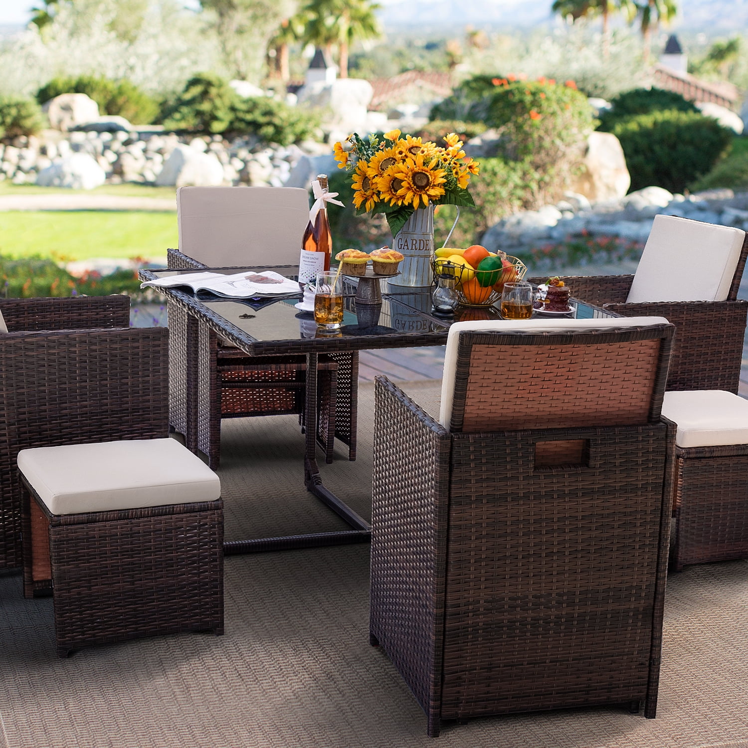 Lacoo 9 Pieces Patio Dining Sets Tempered Glass Table Cushioned Chairs with Ottoman 8 Seating Capacity, Beige - Image 7