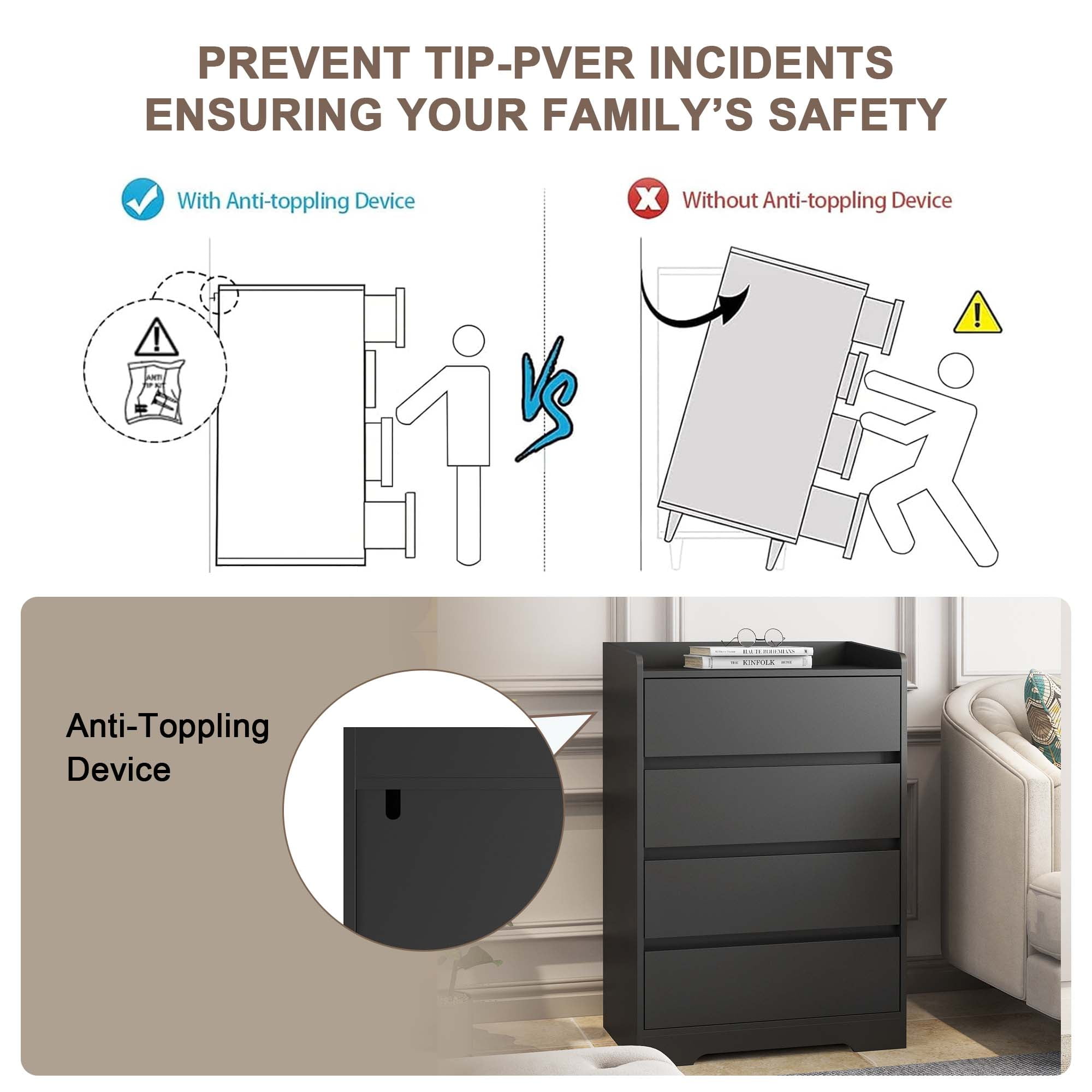 Aukfa Wood 4 Drawer Dresser,Chest of Drawer with Anti-fall Device, Black - Image 9