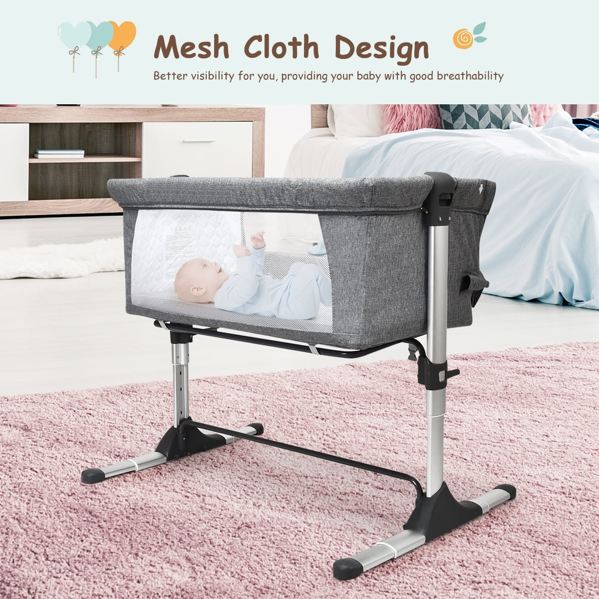 Costway Baby Playard Bassinet Bed Side Crib Infant Sleeper Breathable Mesh with Carrying Bag Gray - Image 7