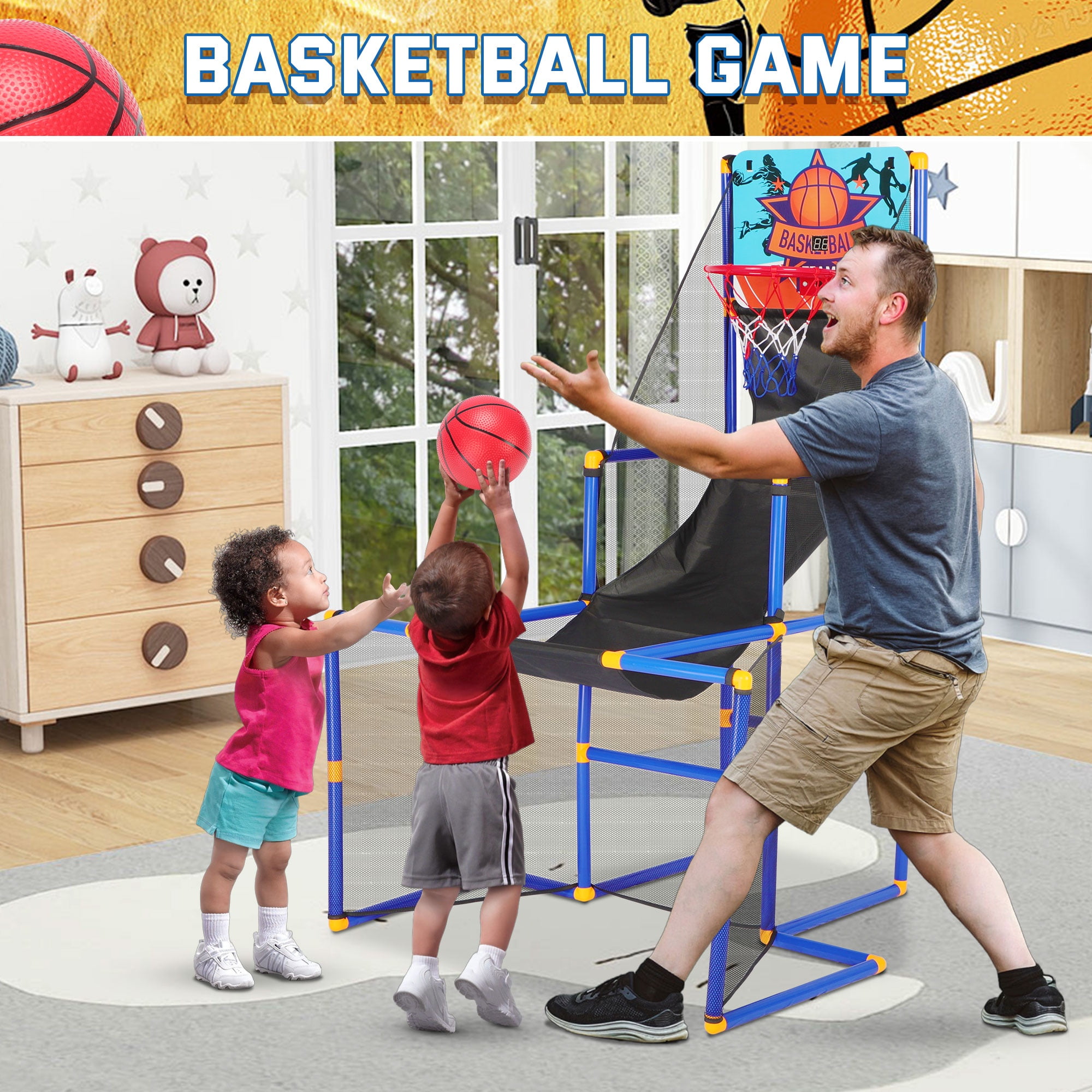 3 in-1 Kids Arcade Basketball Game & Hockey & Soccer, With 4 Basketball Balls, Football, Hockey, Hockey Stick, Pump, Electronic Scoreboard Sound for Toddlers, Basketball Goal for Kids Boys Girls - Image 10