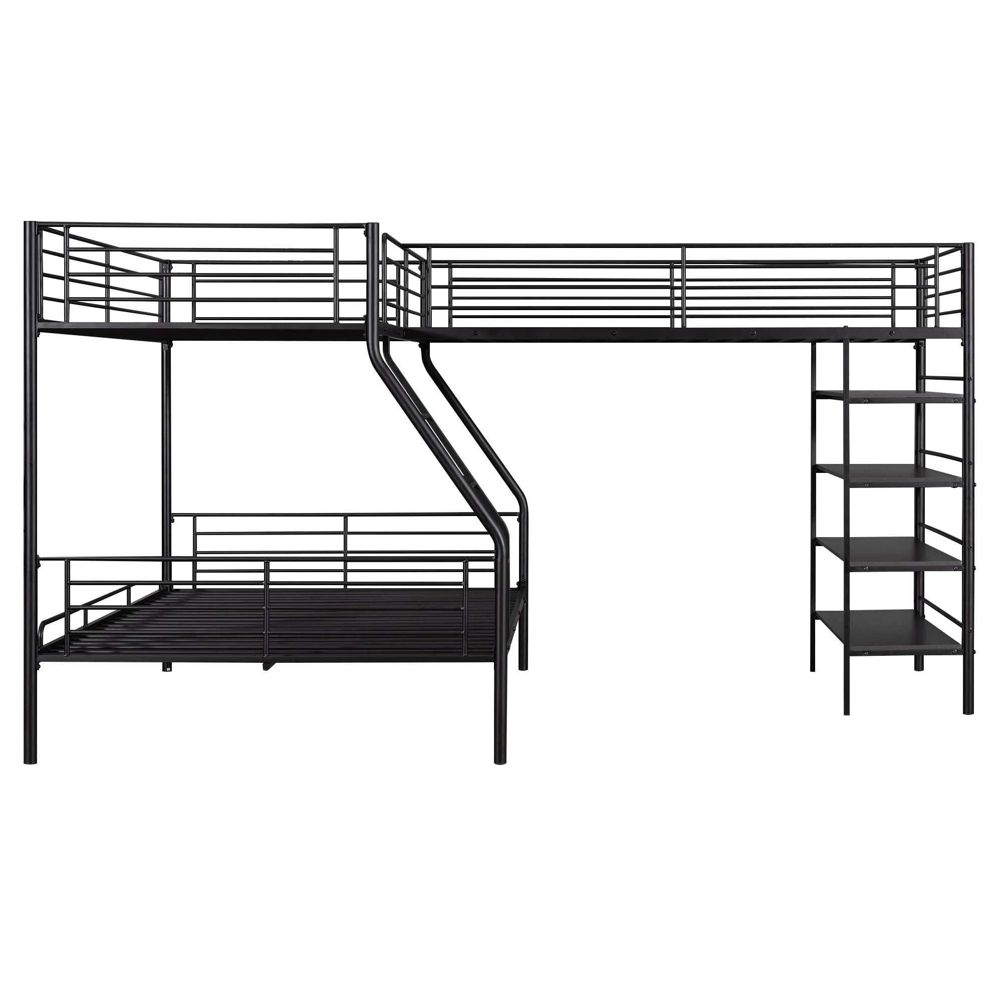 Euroco Metal Twin over Full Bunk and Twin Loft Bed with Four-Tier Shelves for Kids Teens Adults, 3 Beds in 1, Black - Image 5