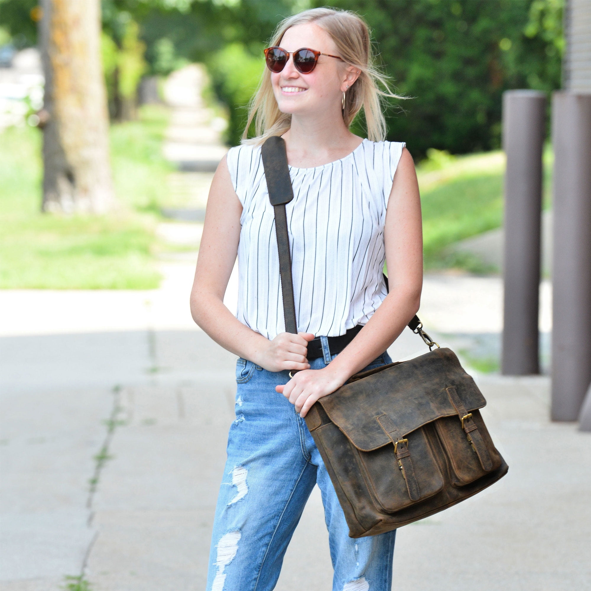 18 inch Buffalo Leather Briefcase Laptop Messenger Office College Bag for Men and Women - Image 5