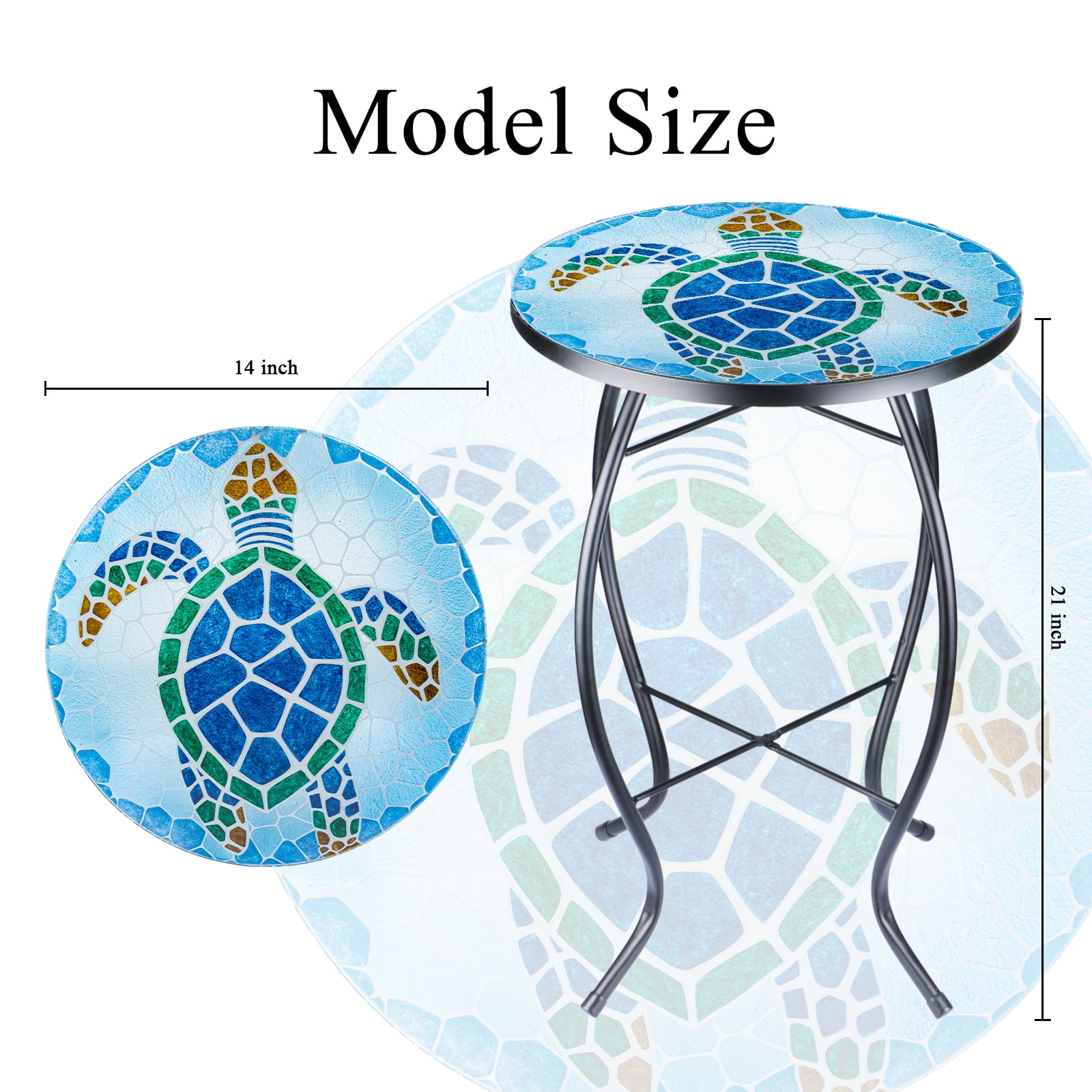 Wonder Garden 21 Inch Table Round Outdoor End Tables for Patio Mosaic Glass Tabletop Coffee Table Plant End Table Small Porch Table Indoor Green and Blue Sea Turtle - Image 5