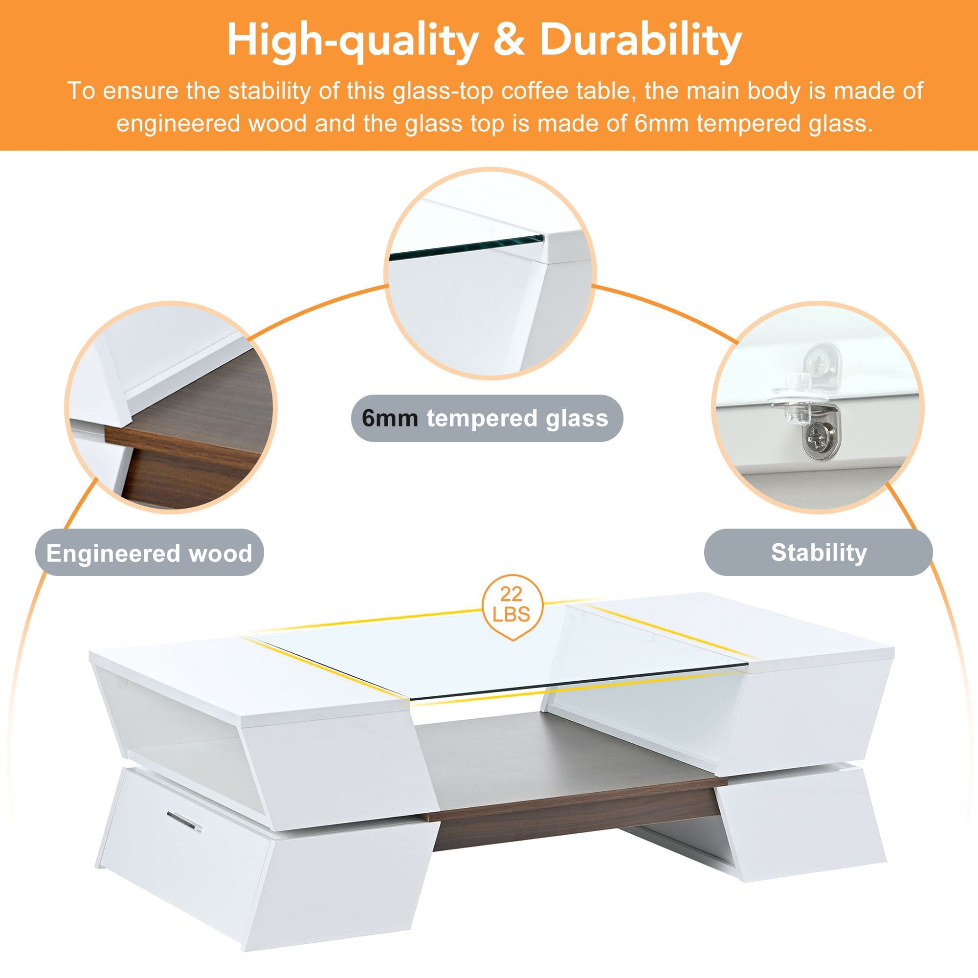 Aukfa Glass Top Coffee Table with Open Shelves and Cabinets - 2-Tier Center Table for Living Room - White - Image 7