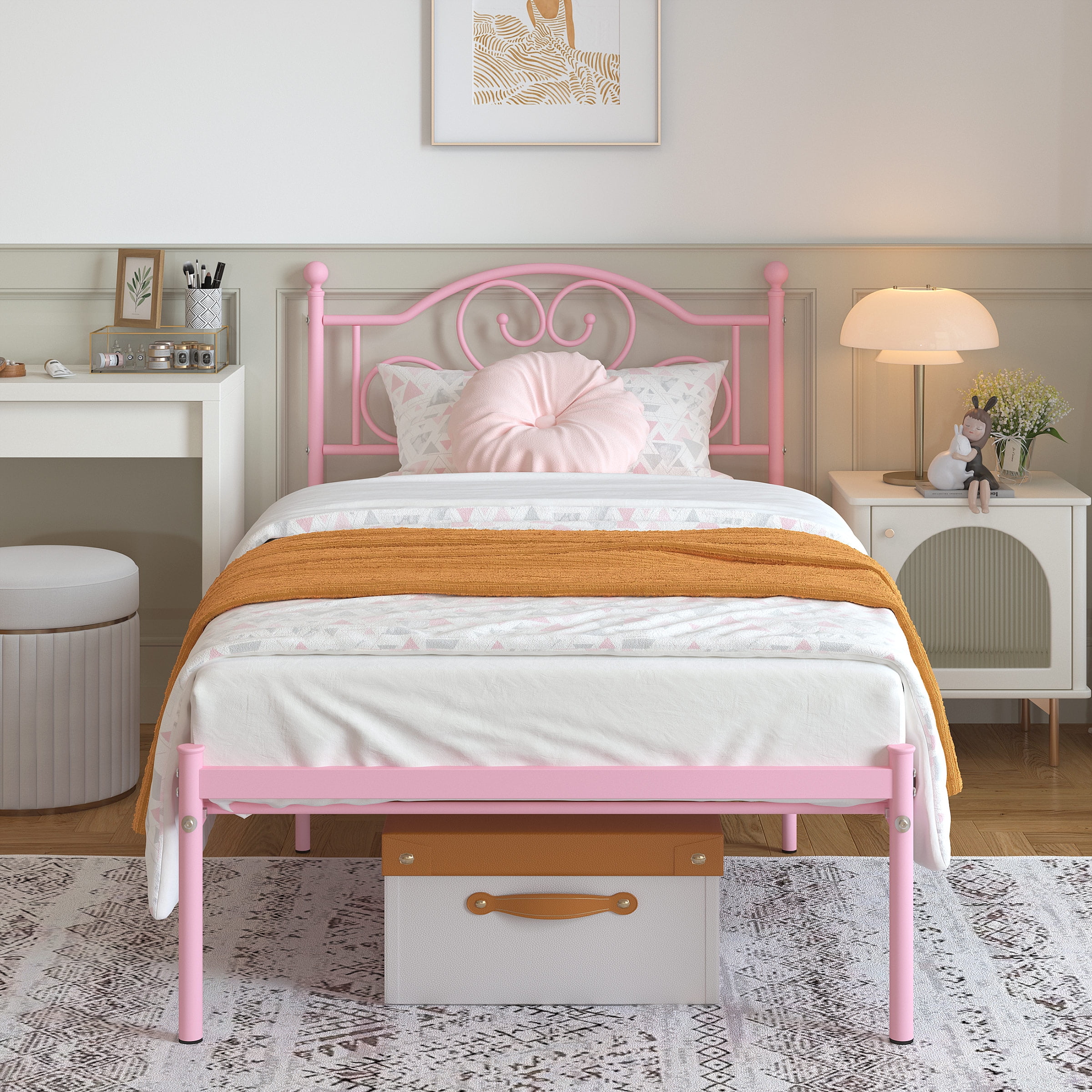 Yoneston 12” Twin Heavy Duty Metal Platform Bed Frame with Love-Heart Shape Headboard for Girls Bedroom Furniture, Pink - Image 6
