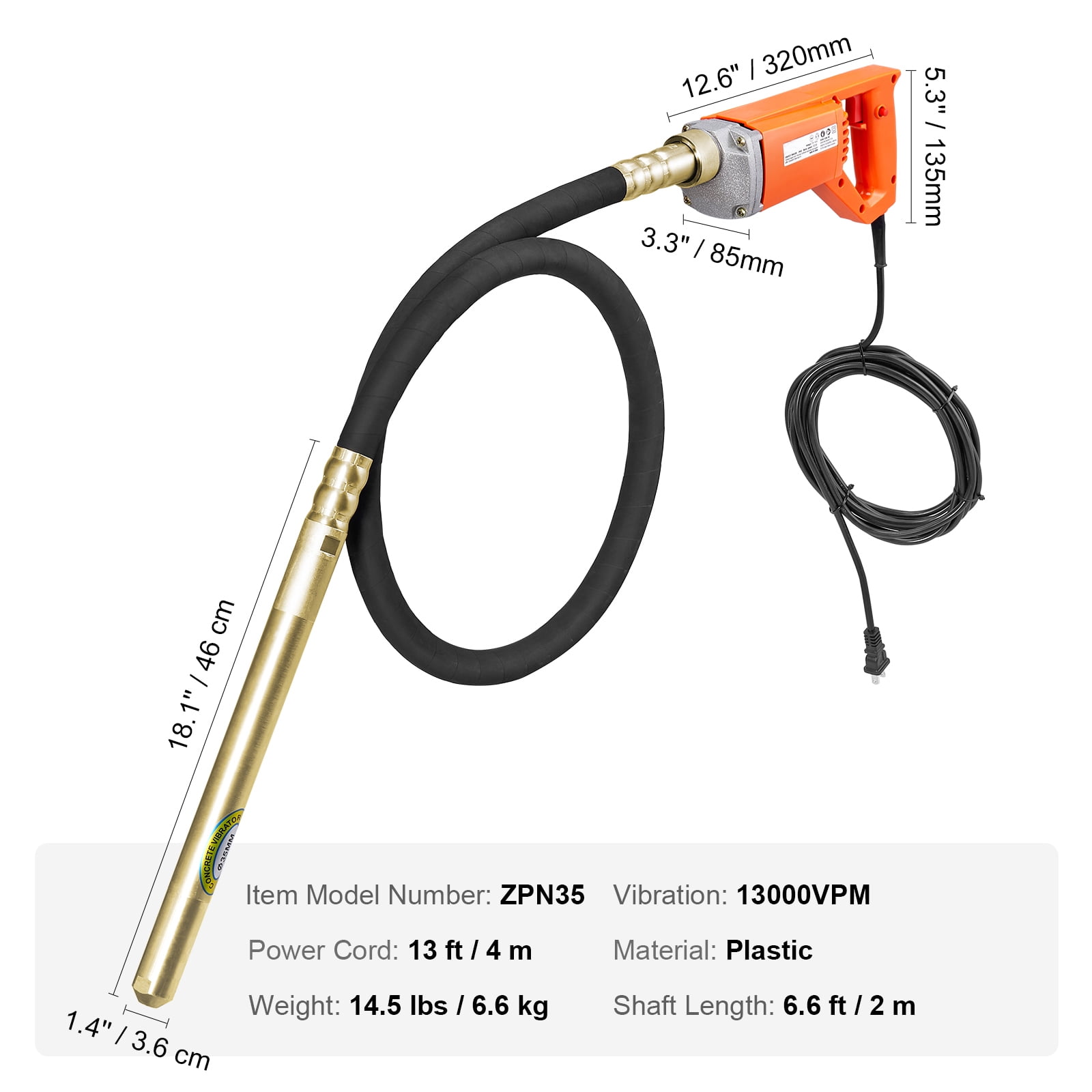 VEVOR Handheld Electric Concrete Vibrator 800W 6.6 feet Shaft Air Bubble Remover - Image 7