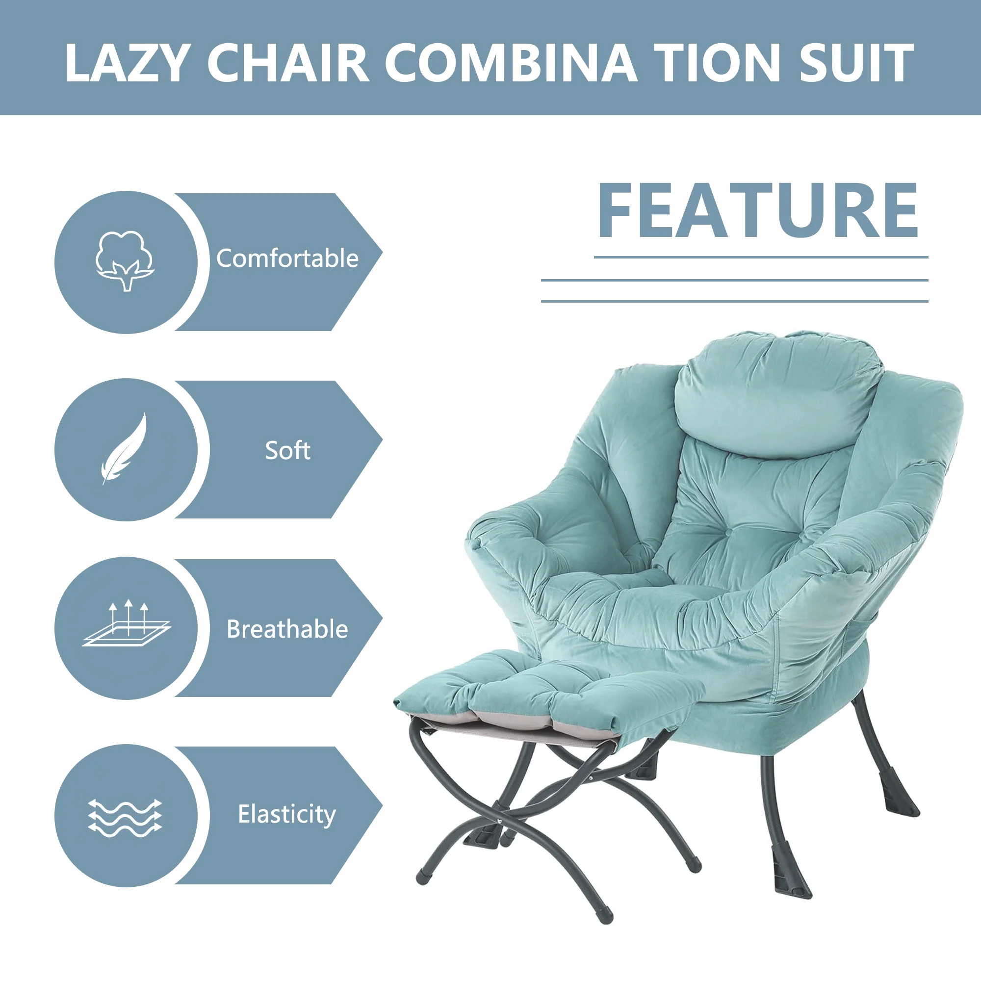 Aukfa Accent Chair with Ottoman,Lazy Lounge Chair with Arm,Side Pocket for Living Room, Green - Image 2