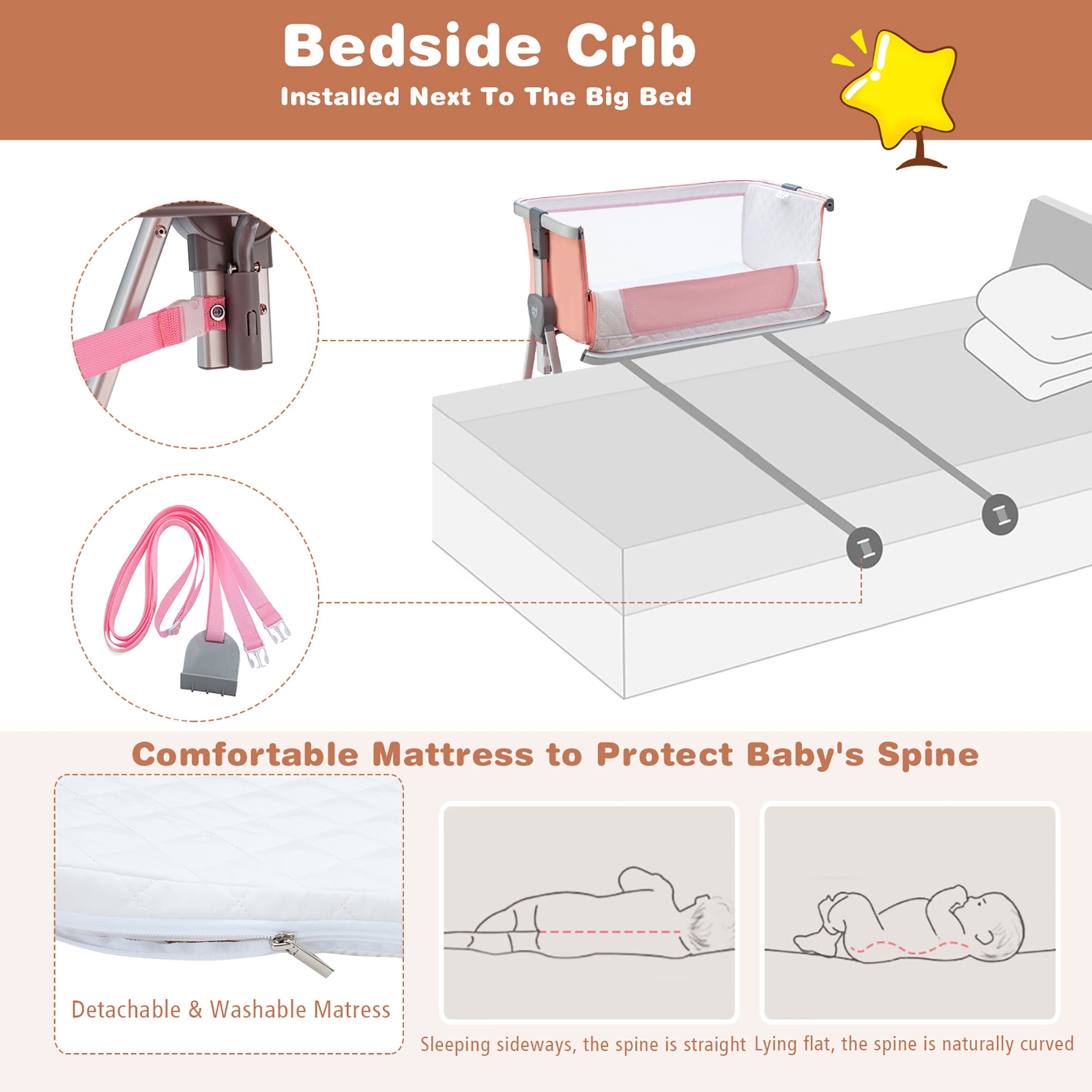 Costway Bed Side Crib Portable Adjustable Baby Infant Travel Sleeper Bassinet Peach - Image 5