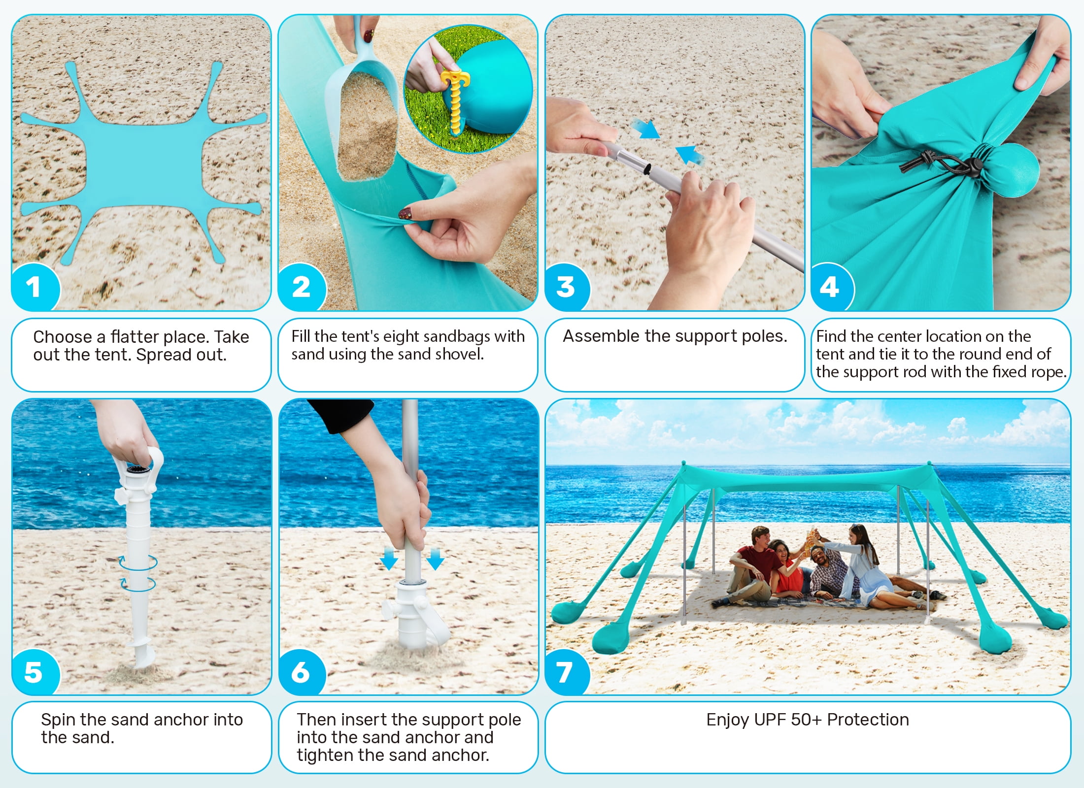 VECUKTY Beach Tent Sun Shelter 10 x 10FT with 8 Sandbags, UPF 50+ Protection Beach Shade Canopy, Outdoor Pop Up Shade Tent Turquoise - Image 5