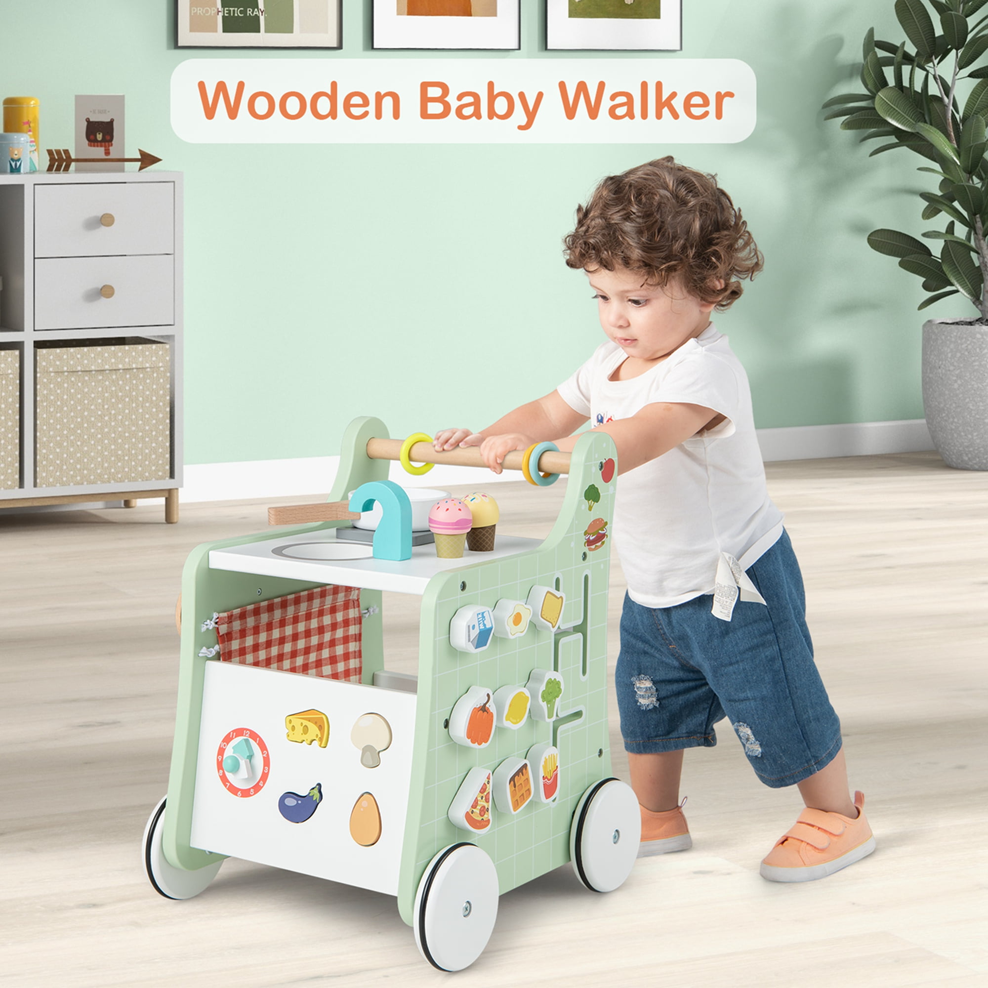 Costway 6-in-1 Baby Push Walker Wooden Strollers Learning Activity Center Toy with Kitchen 12+ months+ Green - Image 8