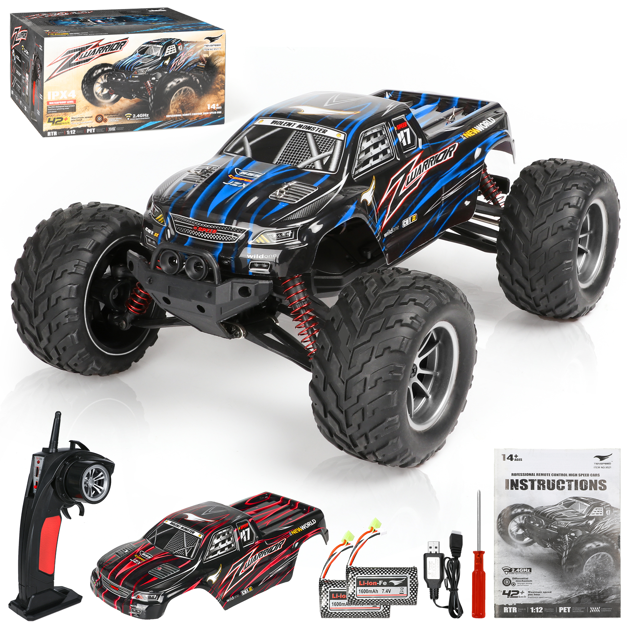 Hot Bee 1:12 RC Cars for Adults&Kids 14+, 2 Rechargable Batteries RTR Off-Road RC Trucks, 42 Kmh All Terrains Remote Control Car Crawler, Christmas Gift for Boys 8-11 12+ (Red&Blue) - Image 2