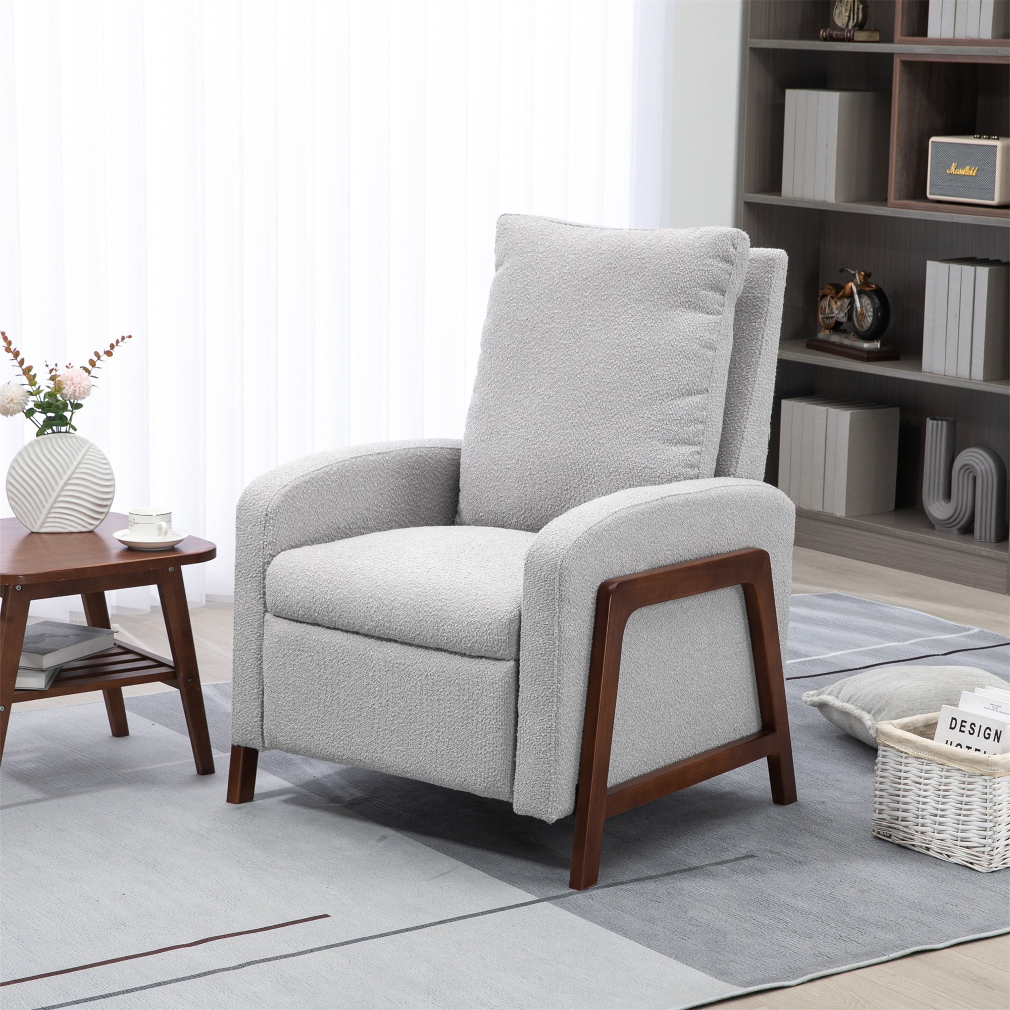 Aukfa Manual Recliner Chair, Wooden Single Armchair for Living Room Bedroom, Boucle, Gray - Image 10