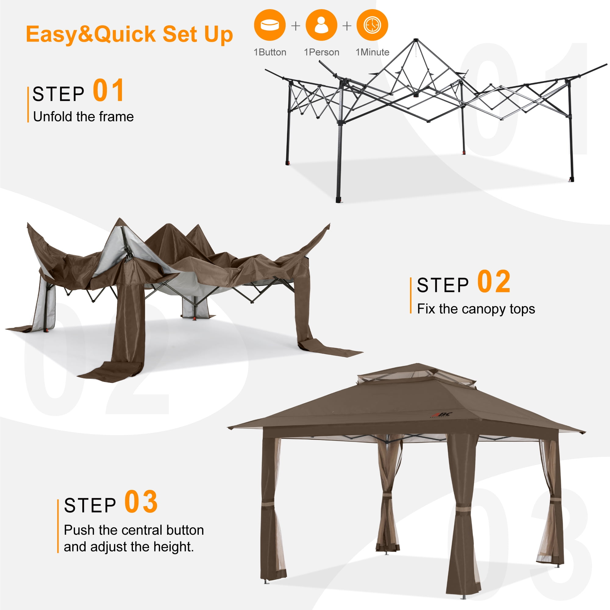 ABCCANOPY 13'x13' Gazebo Tent Outdoor Pop up Gazebo Canopy Shelter with Mosquito Netting, Brown - Image 8