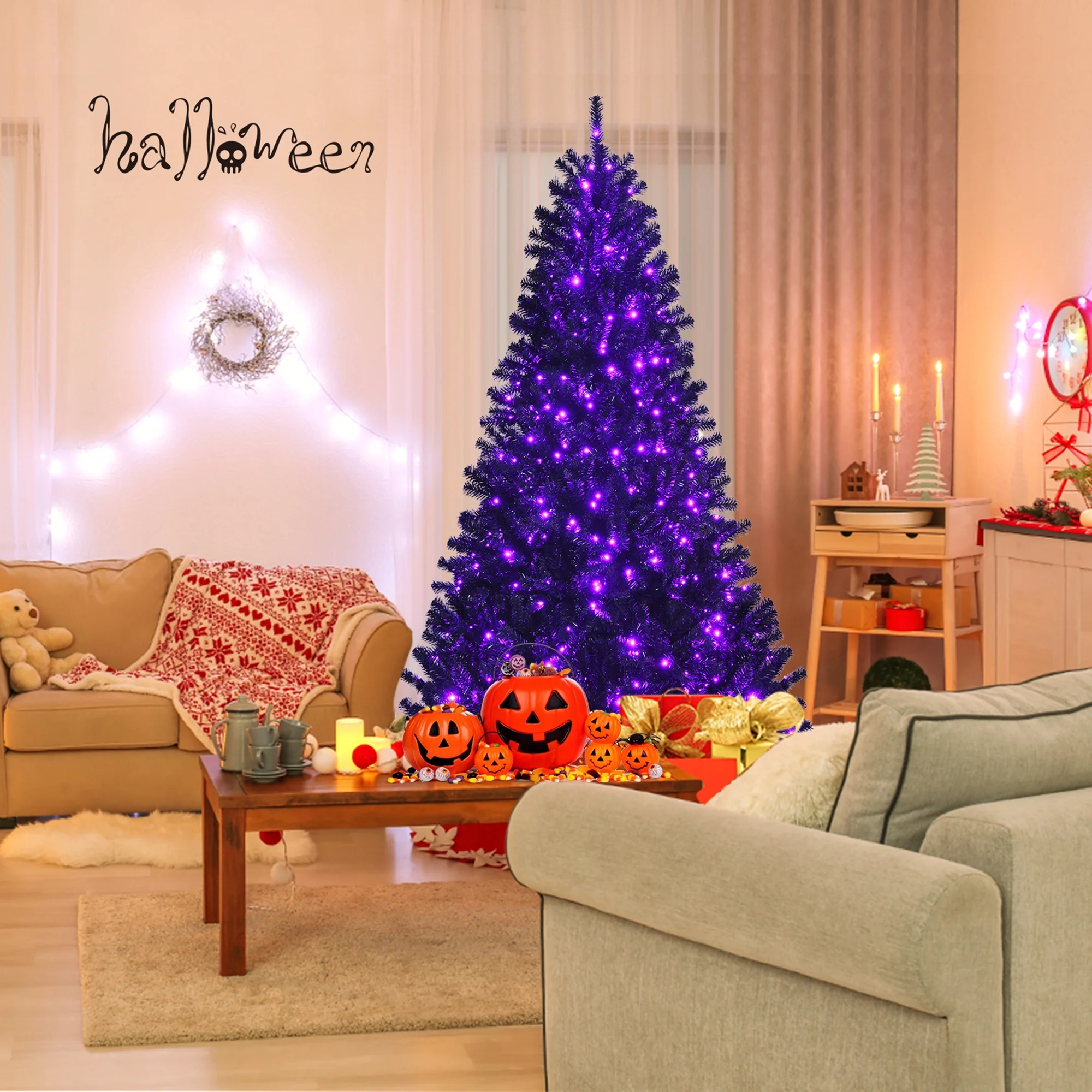 Gymax 6 FT Pre-lit Black Halloween Tree Artificial Hinged Christmas Tree - Image 7