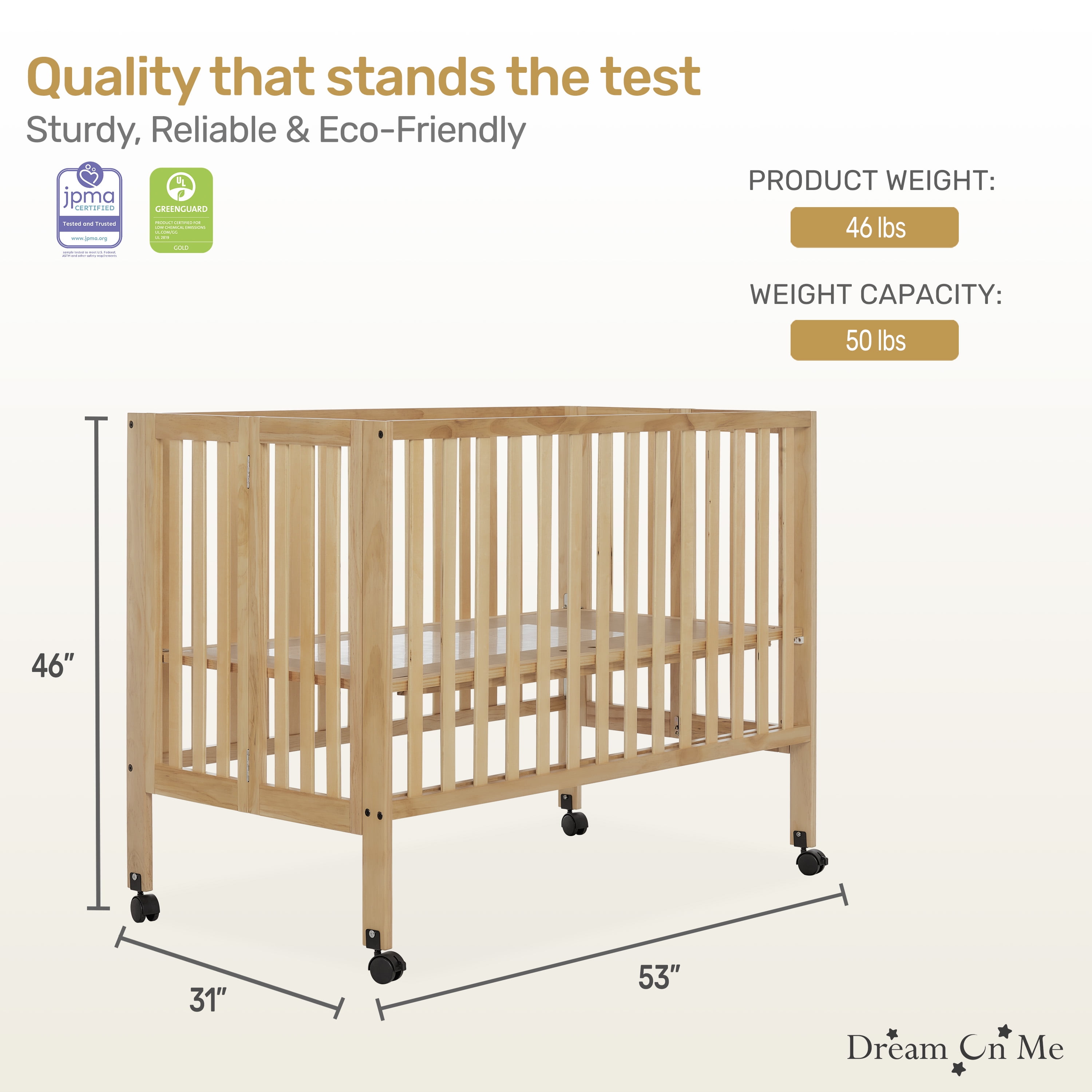 Dream On Me Quinn Full-Size Folding Crib, Removable Wheels, Modern Nursey, Adjustable Mattress Support, Patent Folding System in Natural - Image 9