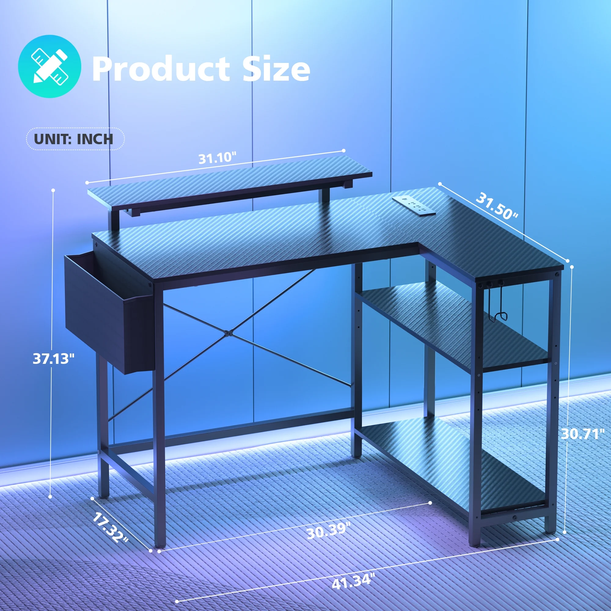 Eunon 42" Gaming Desk with LED Lights Small L Shaped Desk with Power Outlets Monitor Stand Corner Computer Desk,Black Carbon Fiber - Image 2