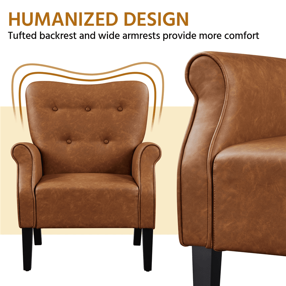 Alden Design Mid-century Faux Leather Accent Chair with Tufted High Back for Living Room, Retro Brown - Image 6