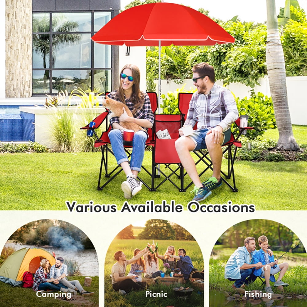 Canddidliike Portable Folding Picnic Double Chair With Umbrella-Red,Portable Double Folding Chair For Beach,Camping - Image 3