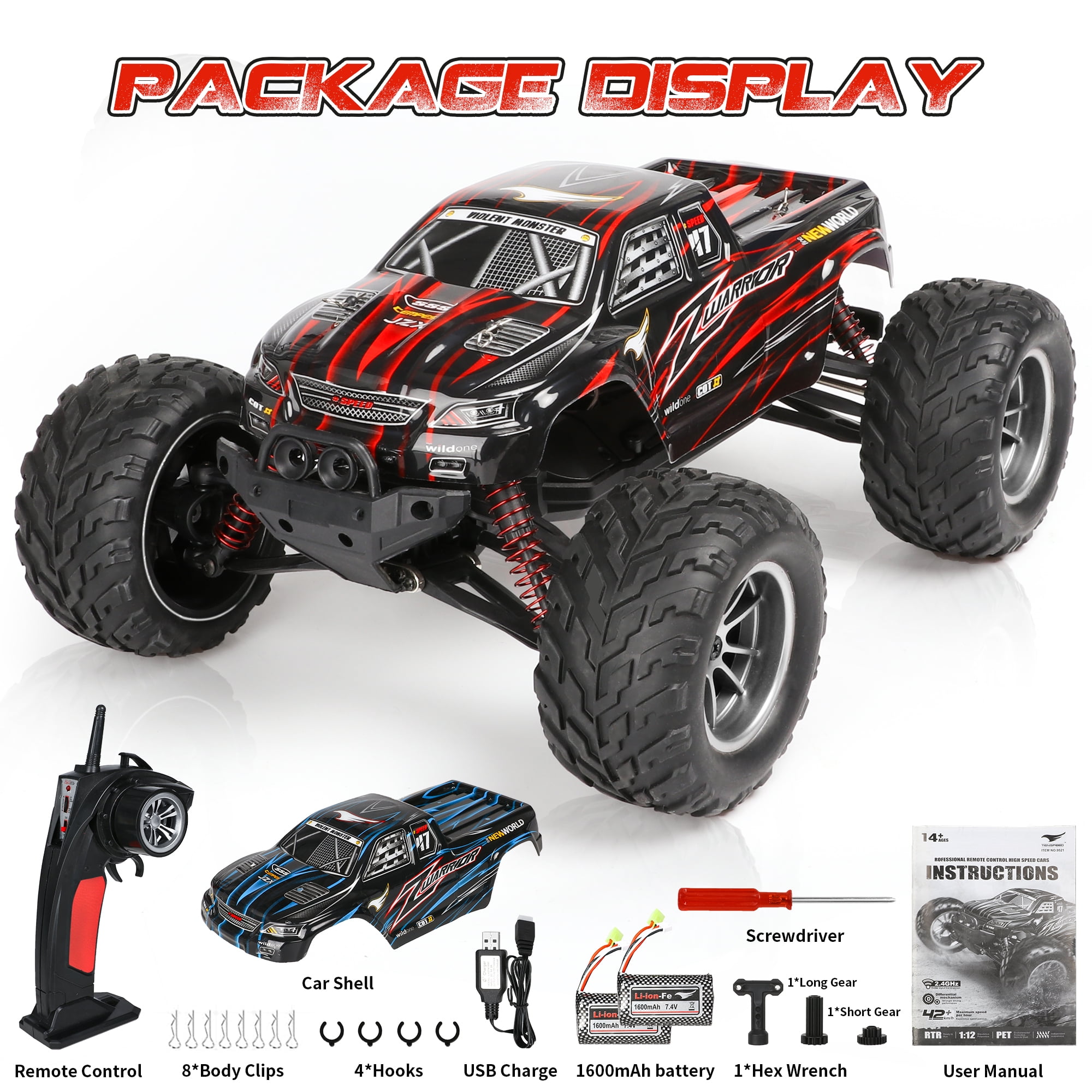 Hot Bee 1:12 RC Cars for Adults&Kids 14+, 2 Rechargable Batteries RTR Off-Road RC Trucks, 42 Kmh All Terrains Remote Control Car Crawler, Christmas Gift for Boys 8-11 12+ (Red&Blue) - Image 6
