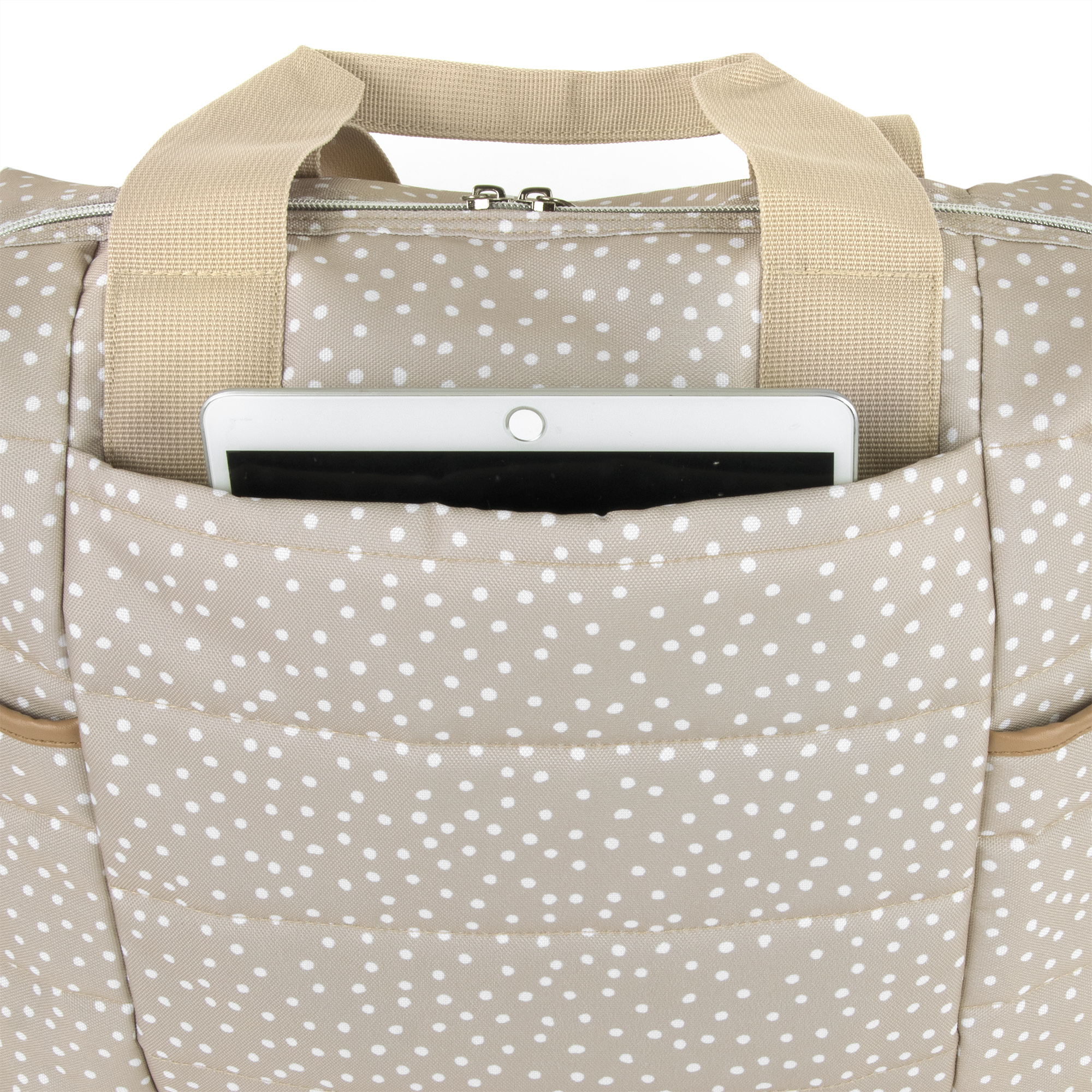 Jessica Simpson Quilted Baby Essentials Multifunction Multi-Pocket Fashion Diaper Bag Luggage Tote with Magnetic Front Wipes Pocket, Bottle Pockets & Changing Pad for Infant Boys & Girls in Taupe Dots - Image 6