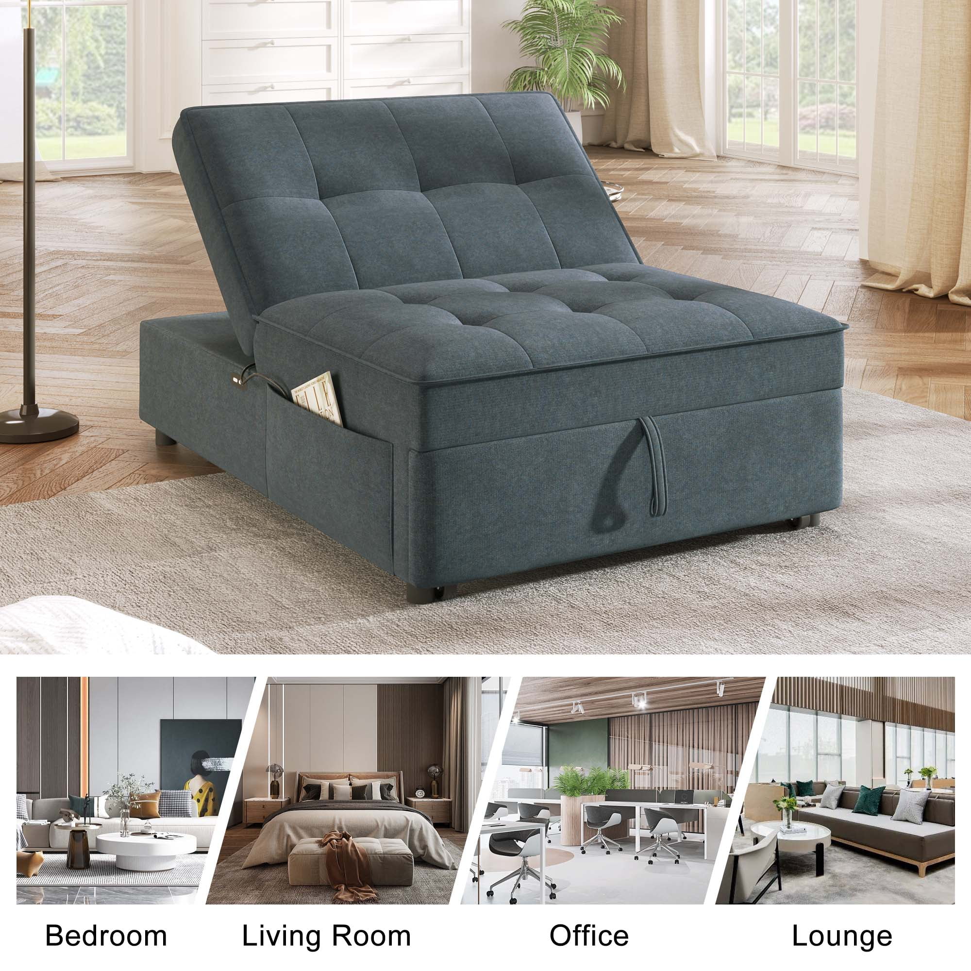 Aukfa Convertible Sleeper Sofa Chair Bed, 3-in-1 Pull Out Sleeper Chair with USB Port and Pocket for Living Room - Gray - Image 8