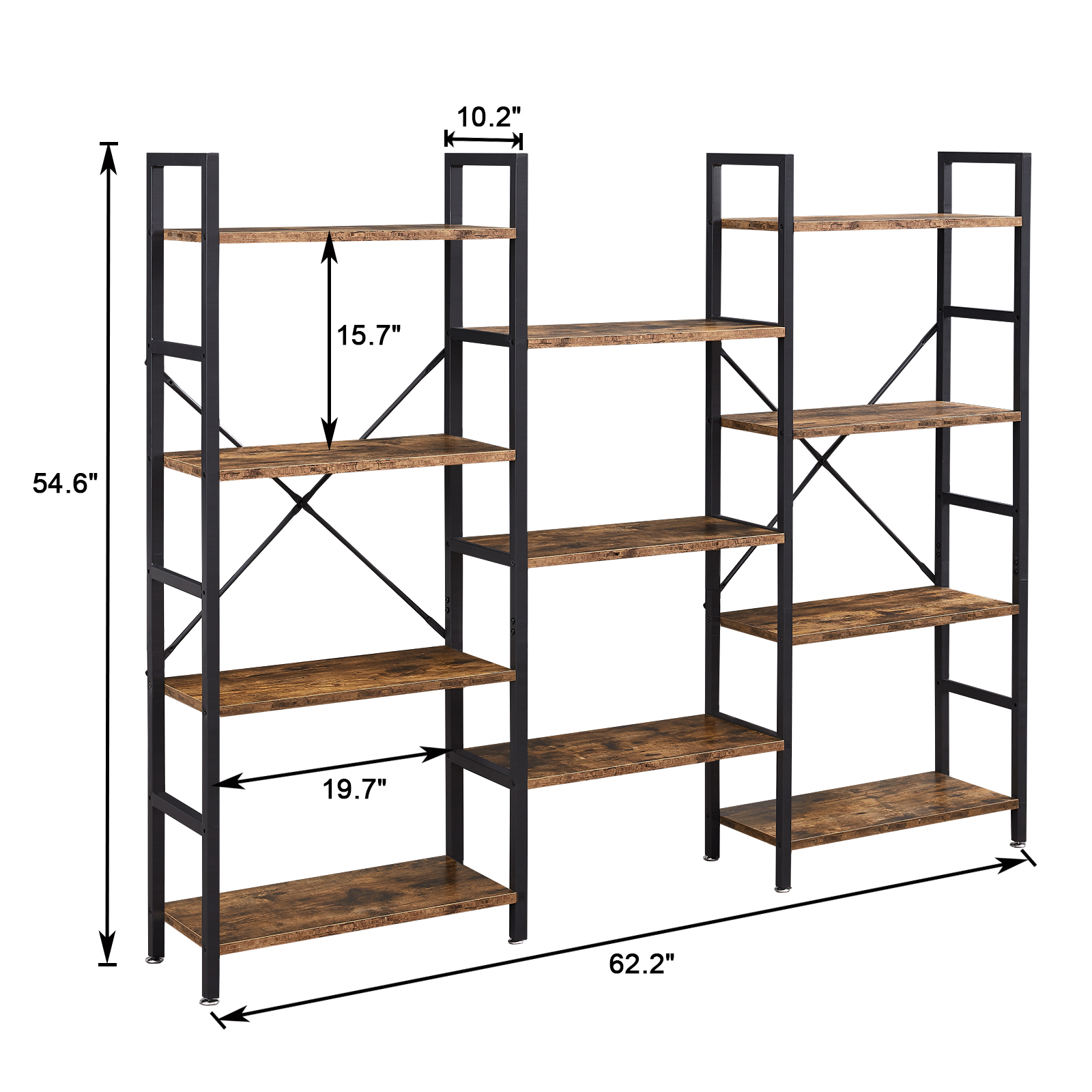 4 Tiers Industrial Bookcase and Bookshelf, Metal Wood 11 Display Shelves, Large Book Shelf for Living Room, Storage Shelf Organizer, Book Case in Brown - Image 6