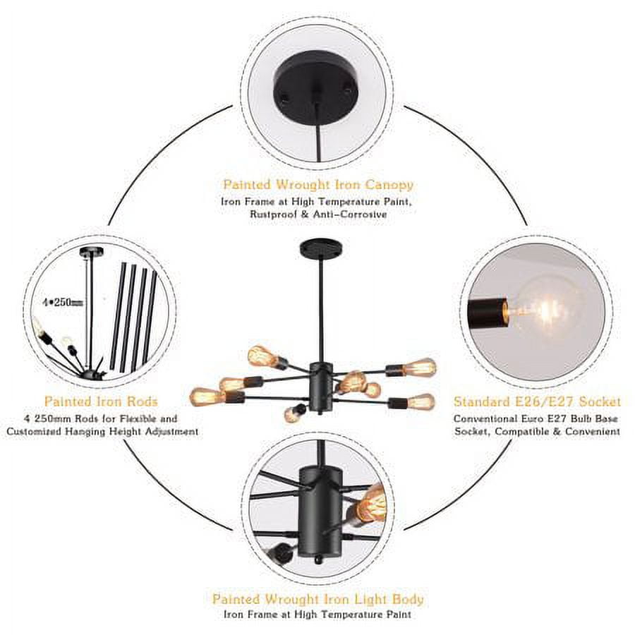 YANSUN 8 Lights Sputnik Chandeliers Black Mid Century Modern Pendant Light Industrial Vintage Ceiling Lights for Living Room Dining Room Bedroom Foyer - Image 9