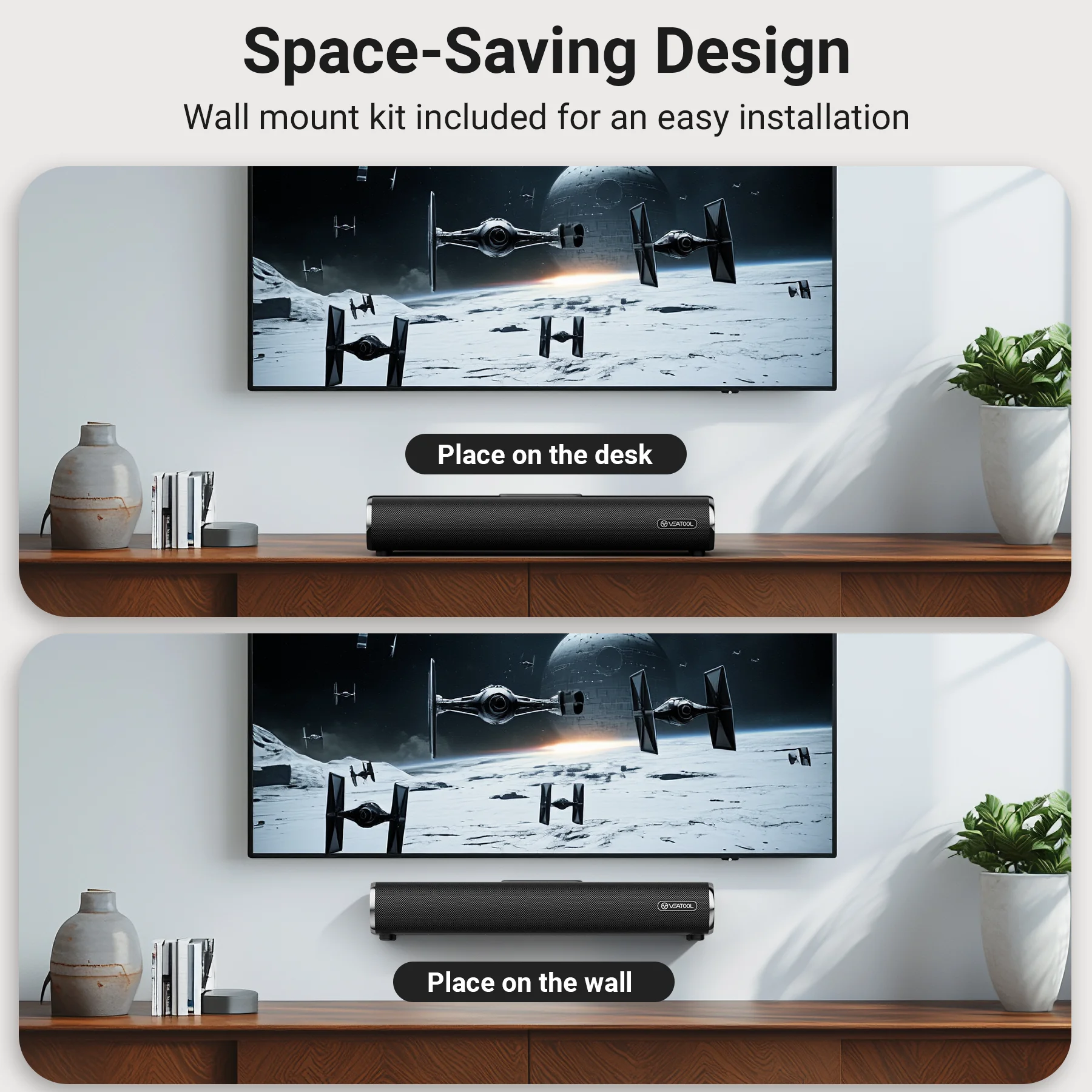 VEATOOL Soundbar for Smart TV, 50Watts-16 Inches Small Bluetooth Sound Bar with Built-in Subwoofer,3D Surround Sound System TV Sound Bar, OPT/AUX/USB Connection, 3EQS, Wall Mountable - Image 7