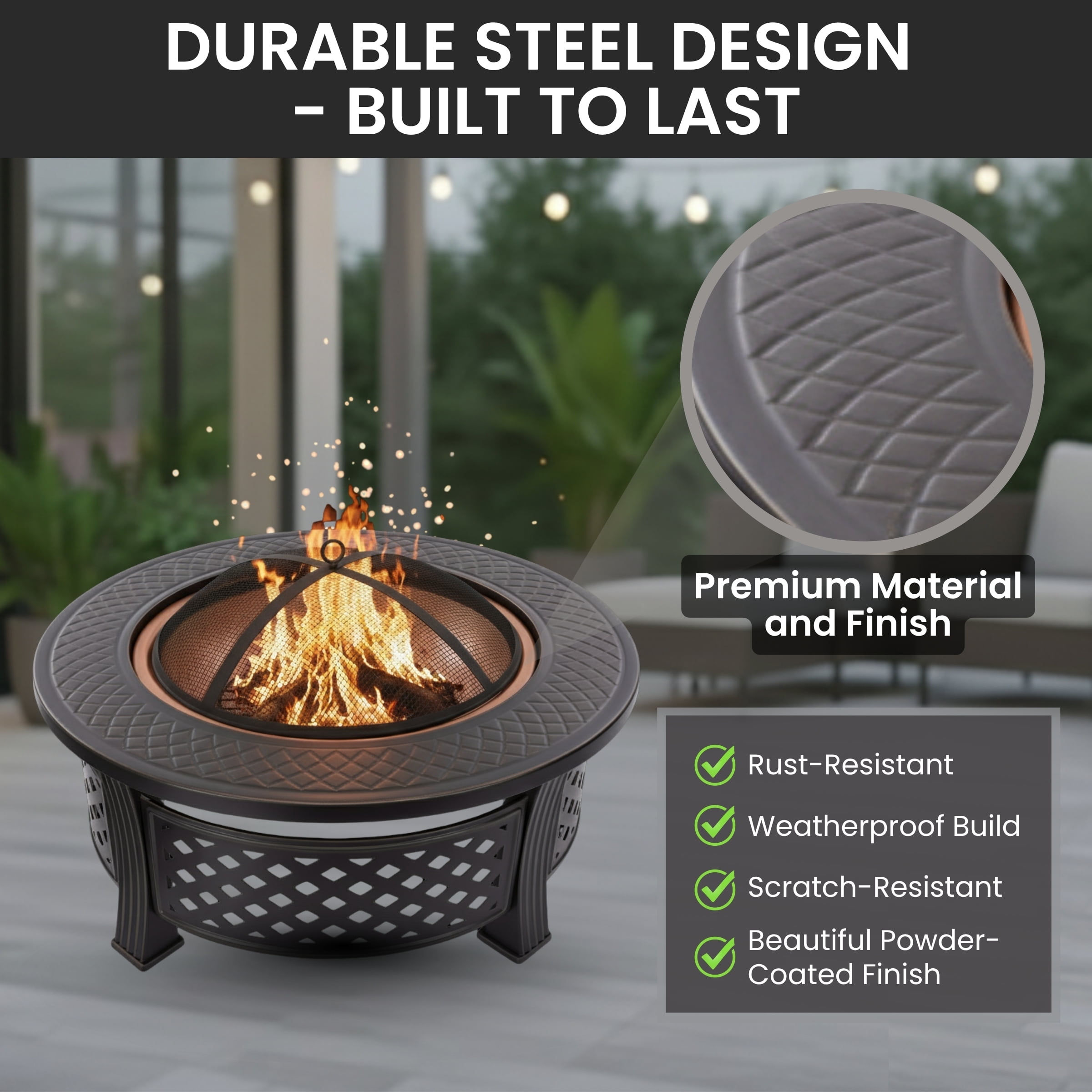 Pure Garden Outdoor Fire Pit – 32” Round Wood Burning Pit with Spark Screen, Poker & Cover, Bronze - Image 5