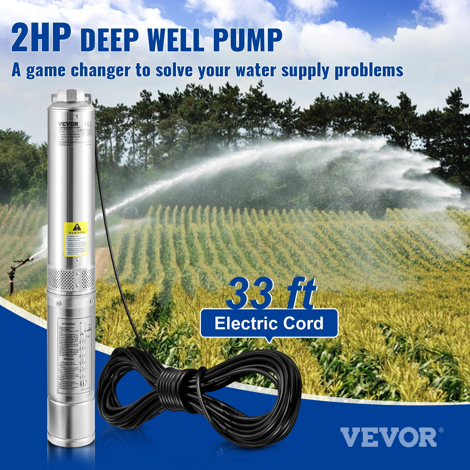 VEVORDeep Well Submersible Pump, 2HP/1500W 230V/60Hz, 37GPM Flow 427 ft Head, with 33 ft Electric Cord, 4 inch Stainless Steel Water Pumps for Industrial, Irrigation & Home Use, IP68 Waterproof Grade - Image 5