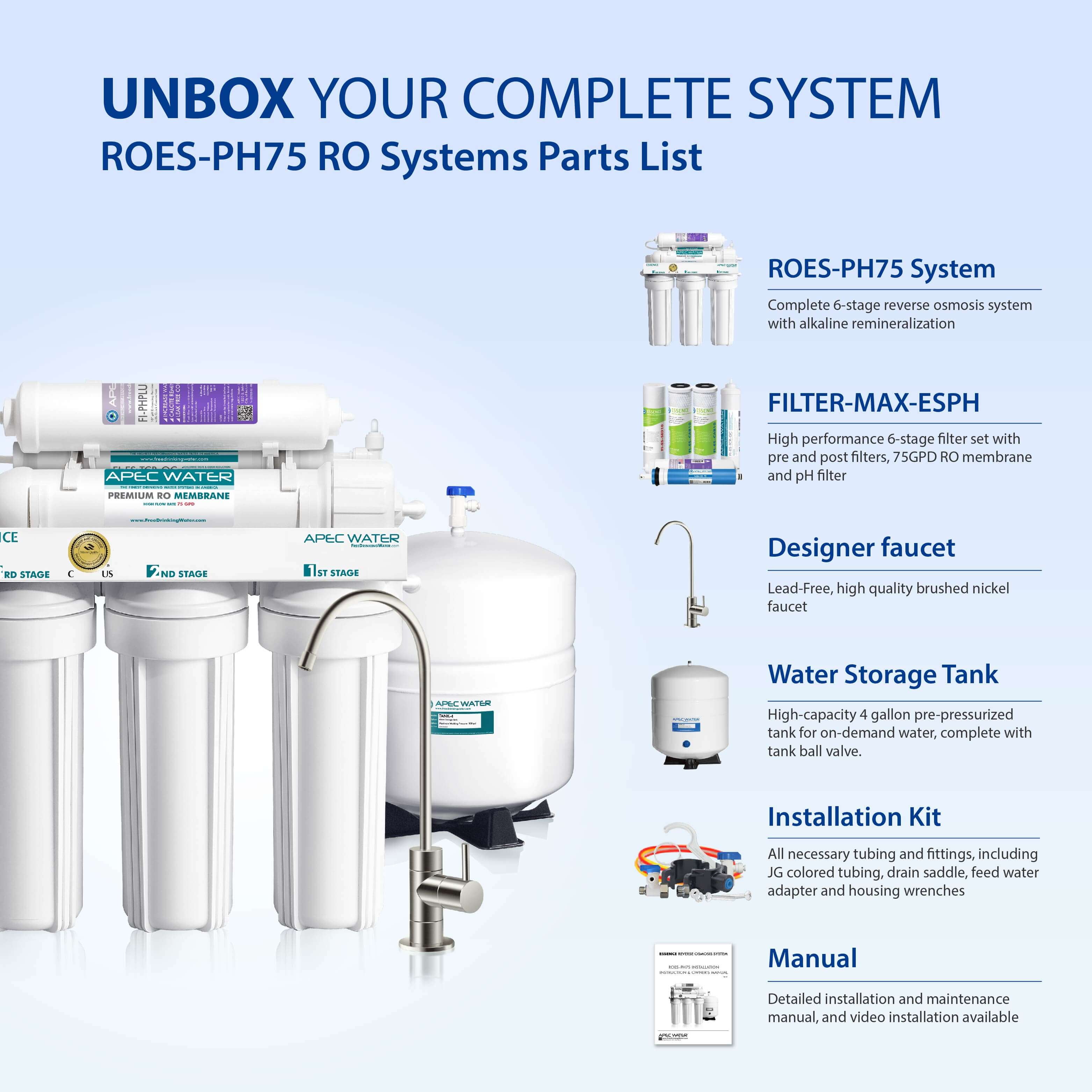 APEC Top Tier Alkaline Mineral Ph+ Ultra Safe Reverse Osmosis Drinking Water Filter System (ESSENCE ROES-PH75) - Image 4