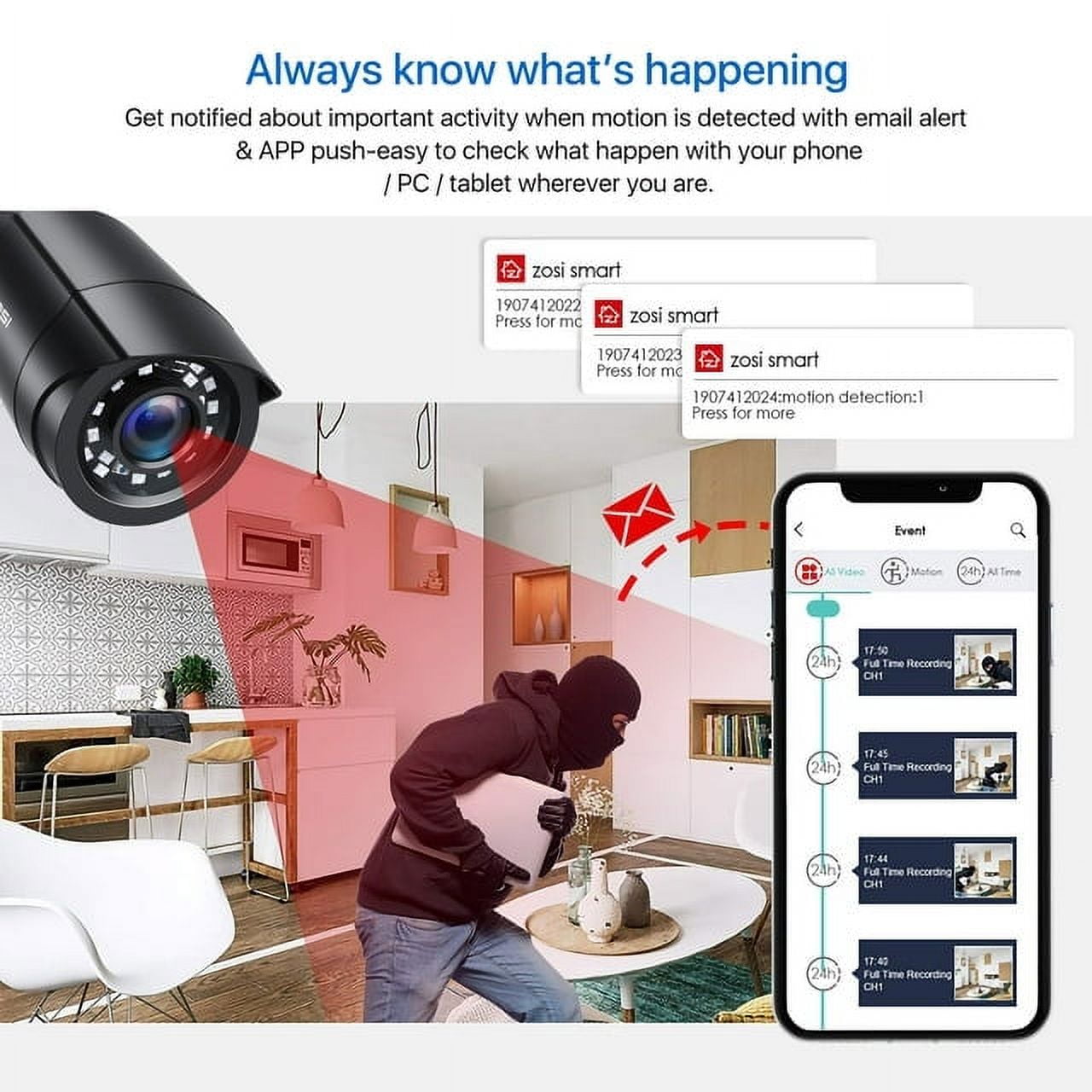 ZOSI H.265+ 8CH 5MP Lite DVR 1080P Home Security Camera System Outdoor, 8pcs 1080P 1920TVL Surveillance Weatherproof Bullet Cameras,80ft IR Night Vision,Motion Alert,Remote Access(No HDD , Wired) - Image 10