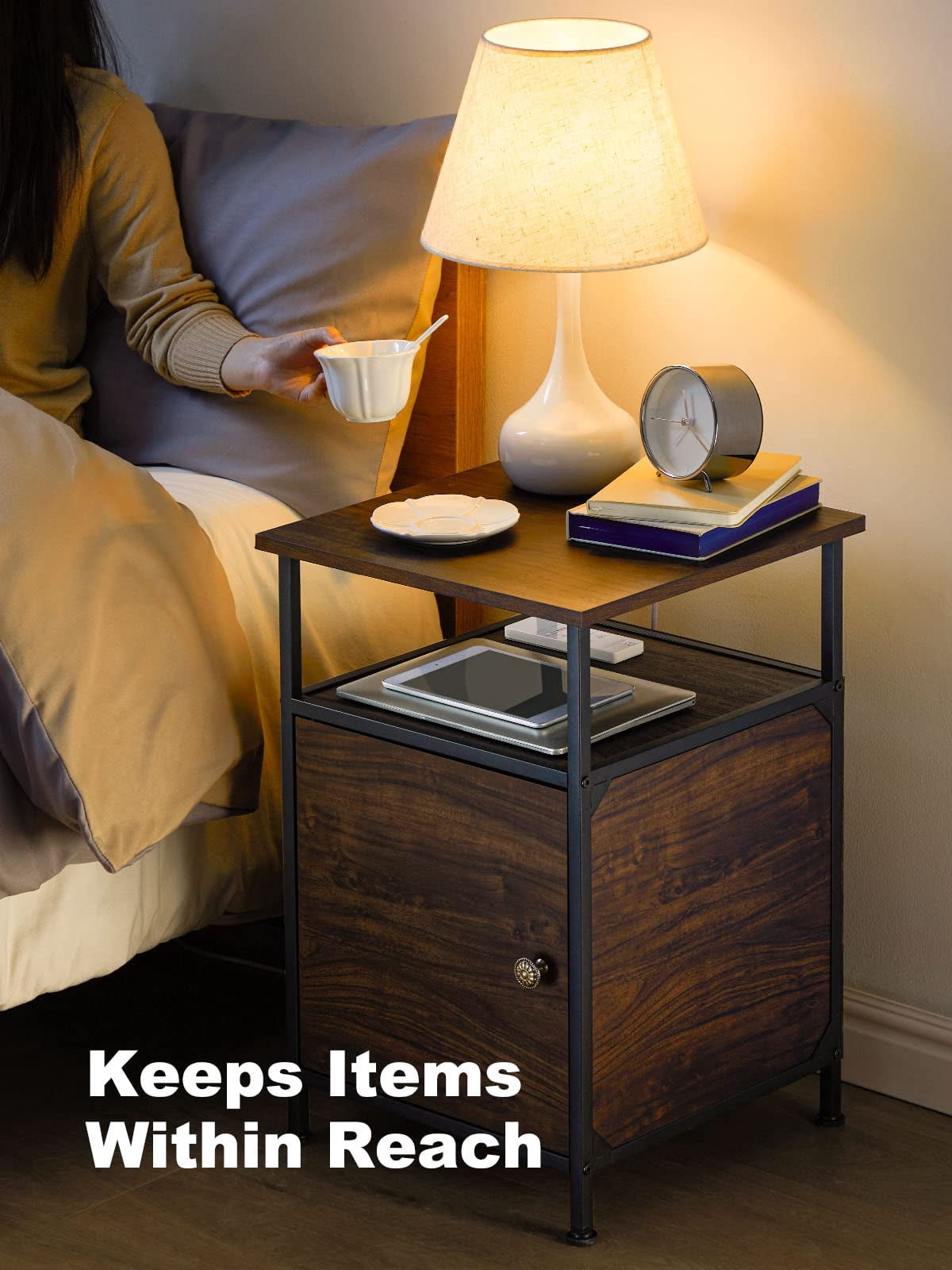 2-Tier Rustic Full Metal Frame Nightstand Table Bedside End Table with Drawer for Livingroom Bedroom - Image 4