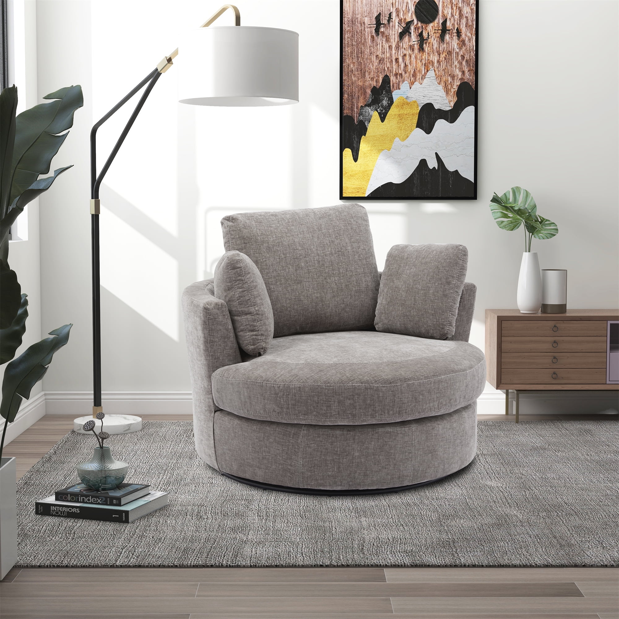 Aukfa 42" Oversized Swivel Accent Chair Barrel Chair w/ 3 Pillows for Living Room, Chenille, Gray - Image 14