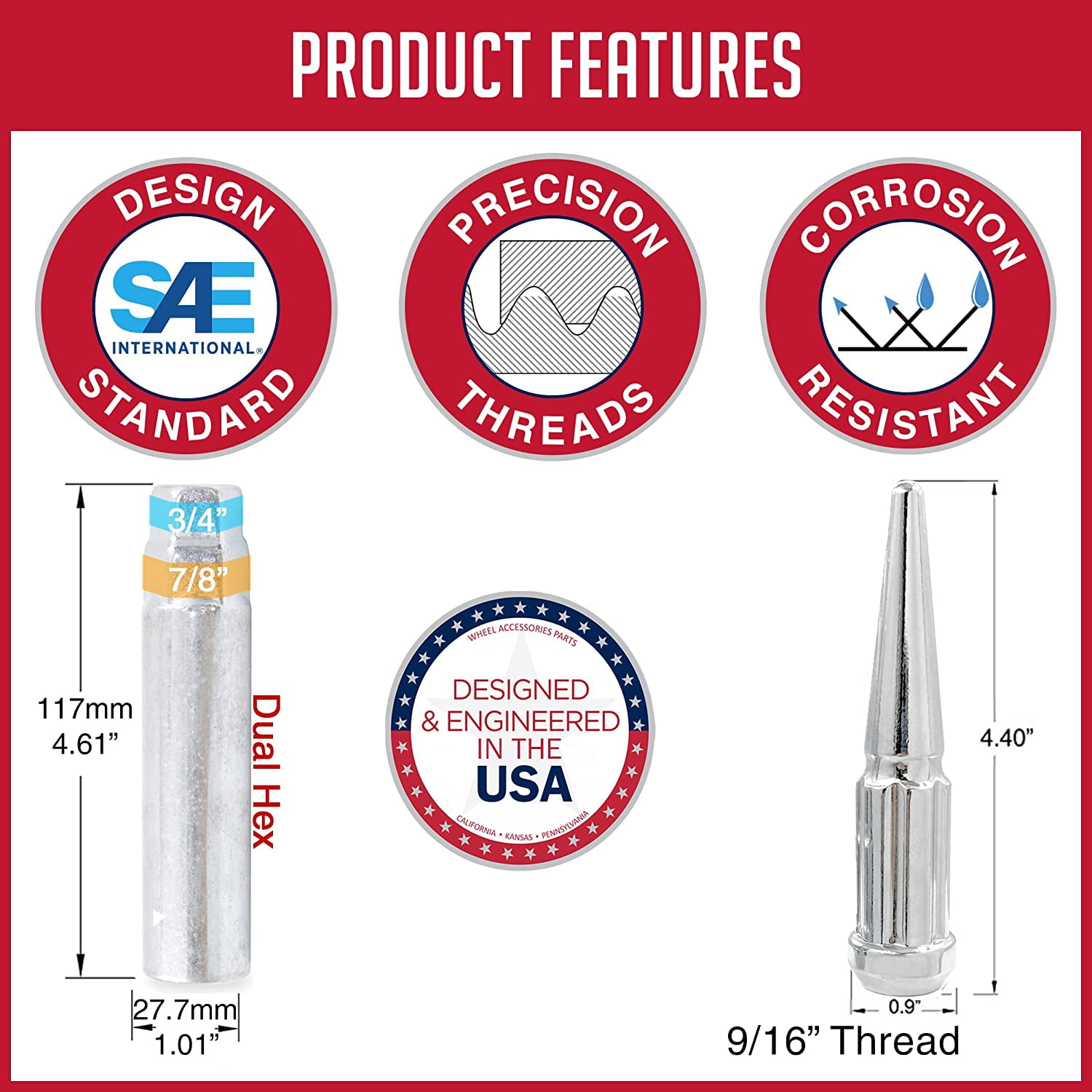 Wheel Accessories Parts 32 Pcs 9/16" Thread Lug Nuts Spike Spline Solid Metal Truck Spline 4.40" Long Chrome Fits 1994-10 Ram 2500 3500 1975-97 Ford F250 F350 C20 K20 C2500 C3500 - Image 5