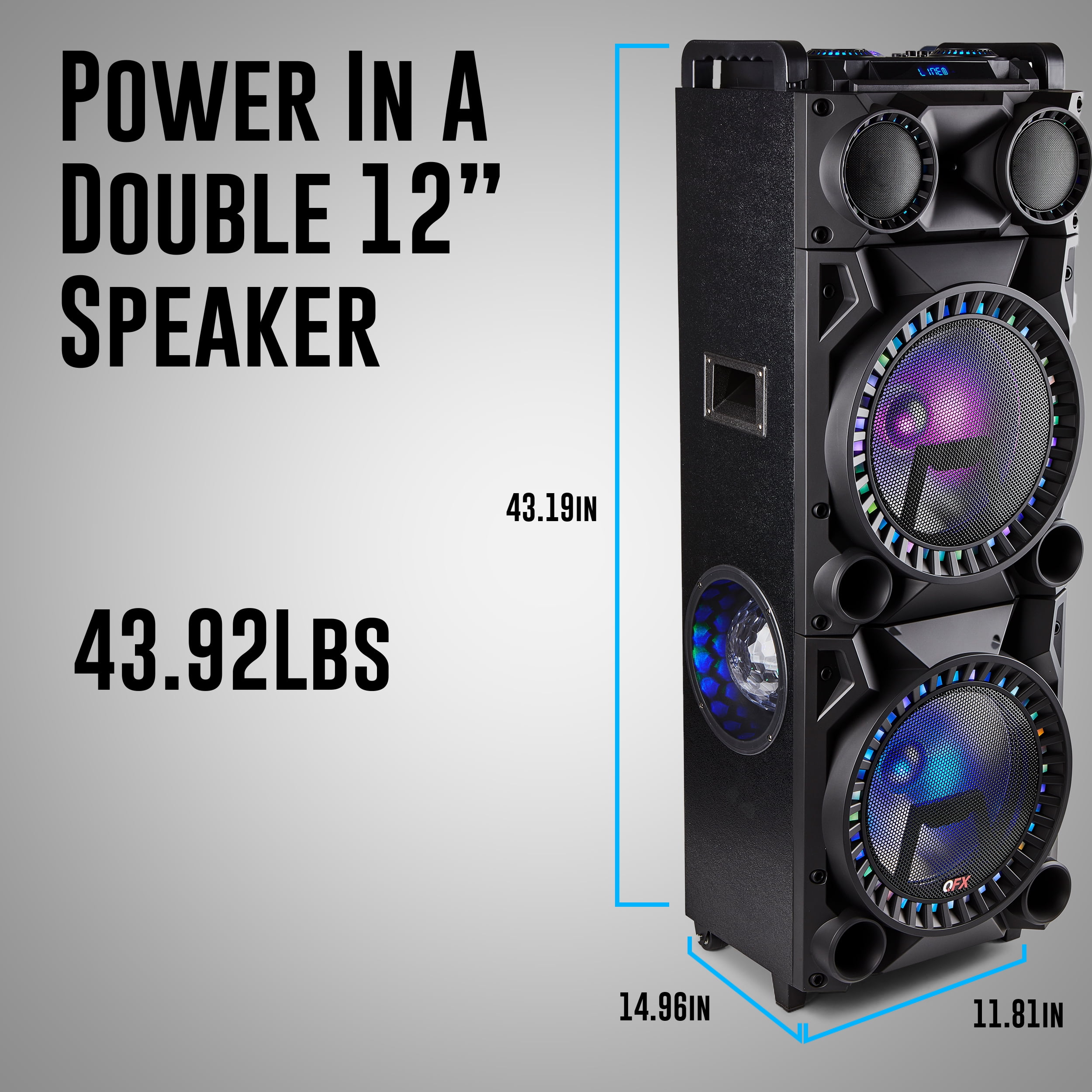 QFX PBX-1215 DUAL 12” BLUETOOTH RECHARGEABLE SPEAKER WITH LED PARTY LIGHTS, INCLUDES REMOTE CONTROL - Image 8