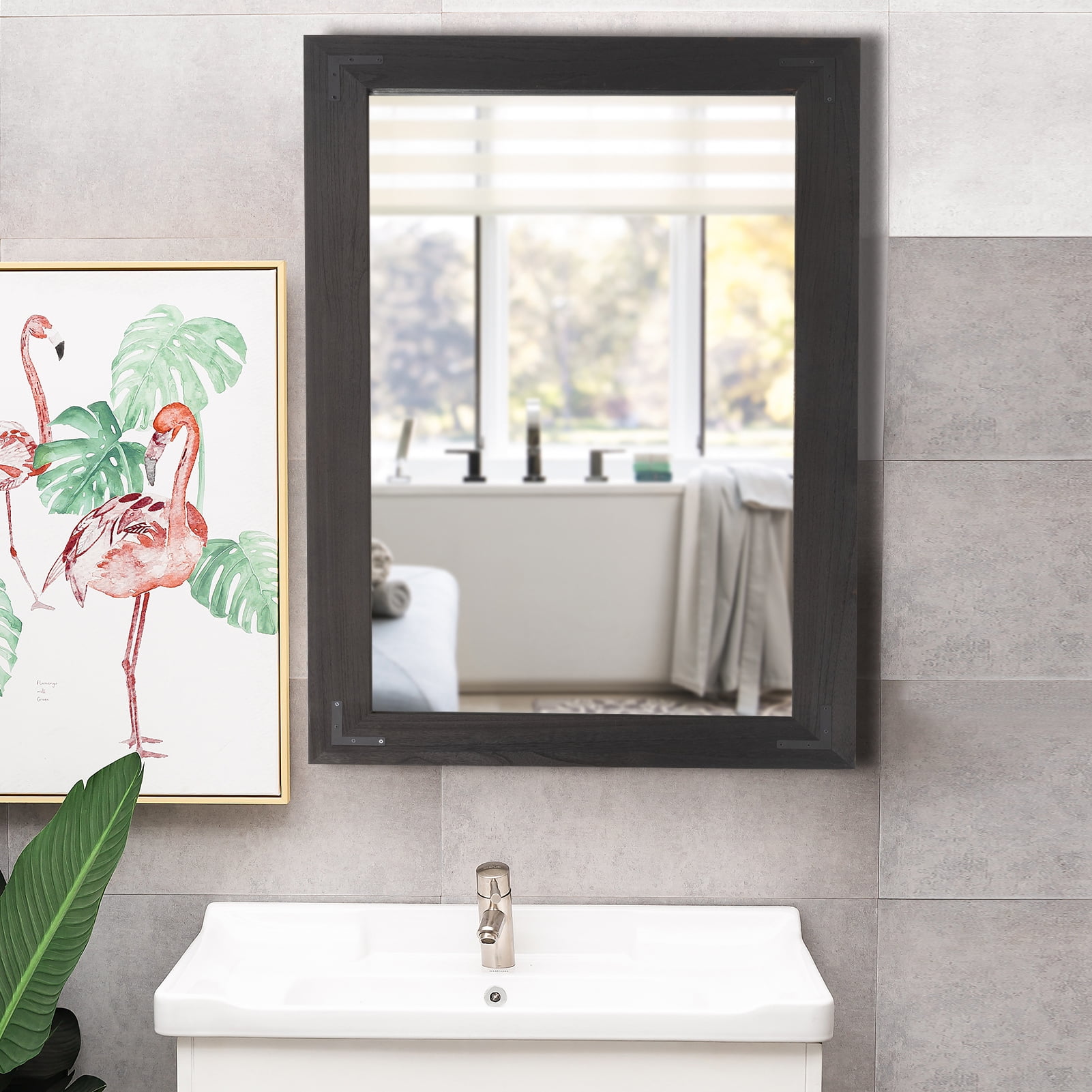 YOSHOOT Rustic Wooden Framed Wall Mirror,Decorative Wood Wall Mirror for Living Room or Bathroom Vanity,Rectangle Hanging Mirror Home Wall DecorBlack-26x18 - Image 4