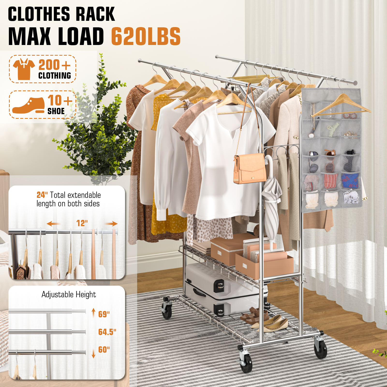 URTUE 620LBS Heavy Duty Garment Rack with Shelves,Commercial Grade Clothing Racks on Wheels Rolling - Double Rails Clothes Rack for Hanging Clothes Portable Adjustable - Image 6