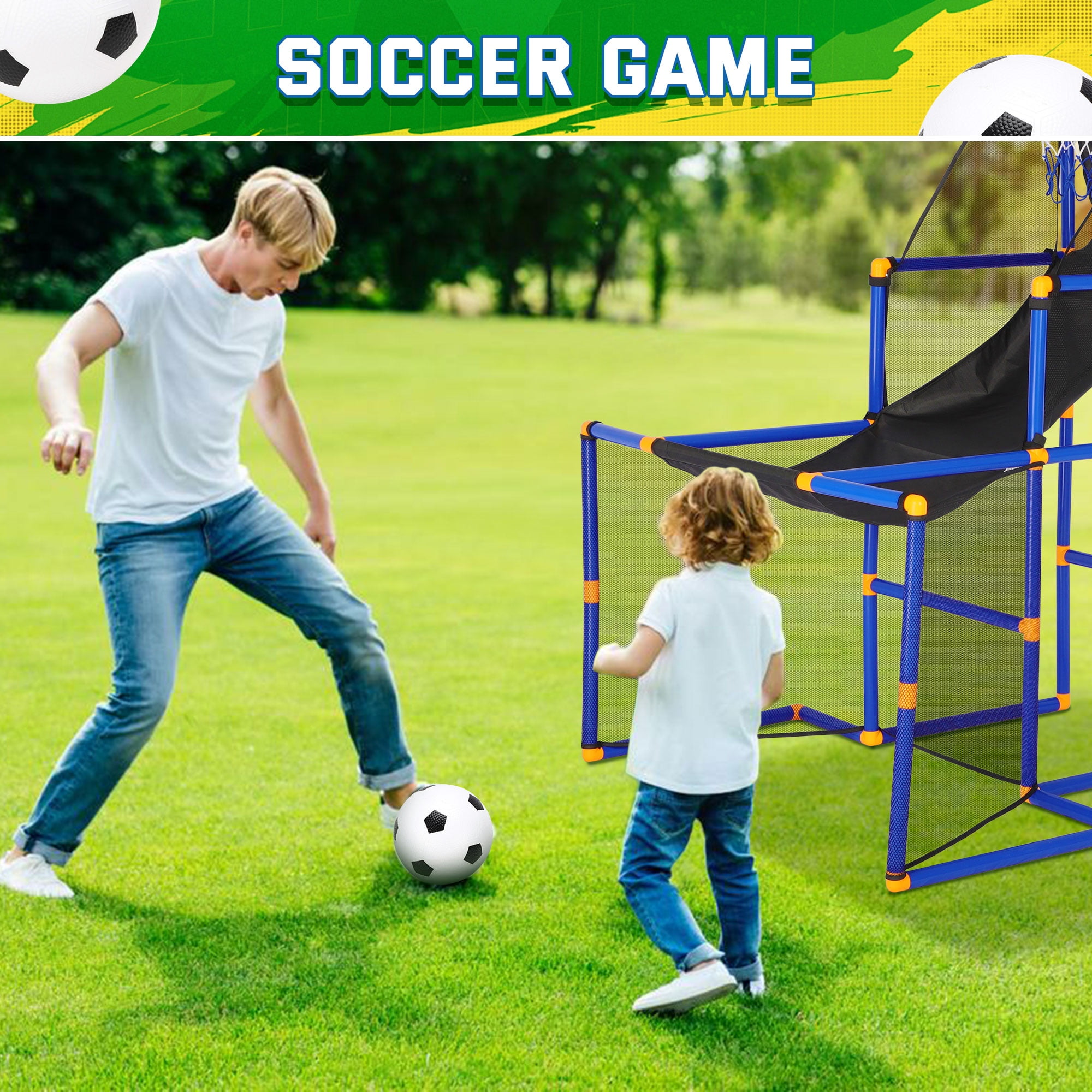 3 in-1 Kids Arcade Basketball Game & Hockey & Soccer, With 4 Basketball Balls, Football, Hockey, Hockey Stick, Pump, Electronic Scoreboard Sound for Toddlers, Basketball Goal for Kids Boys Girls - Image 3