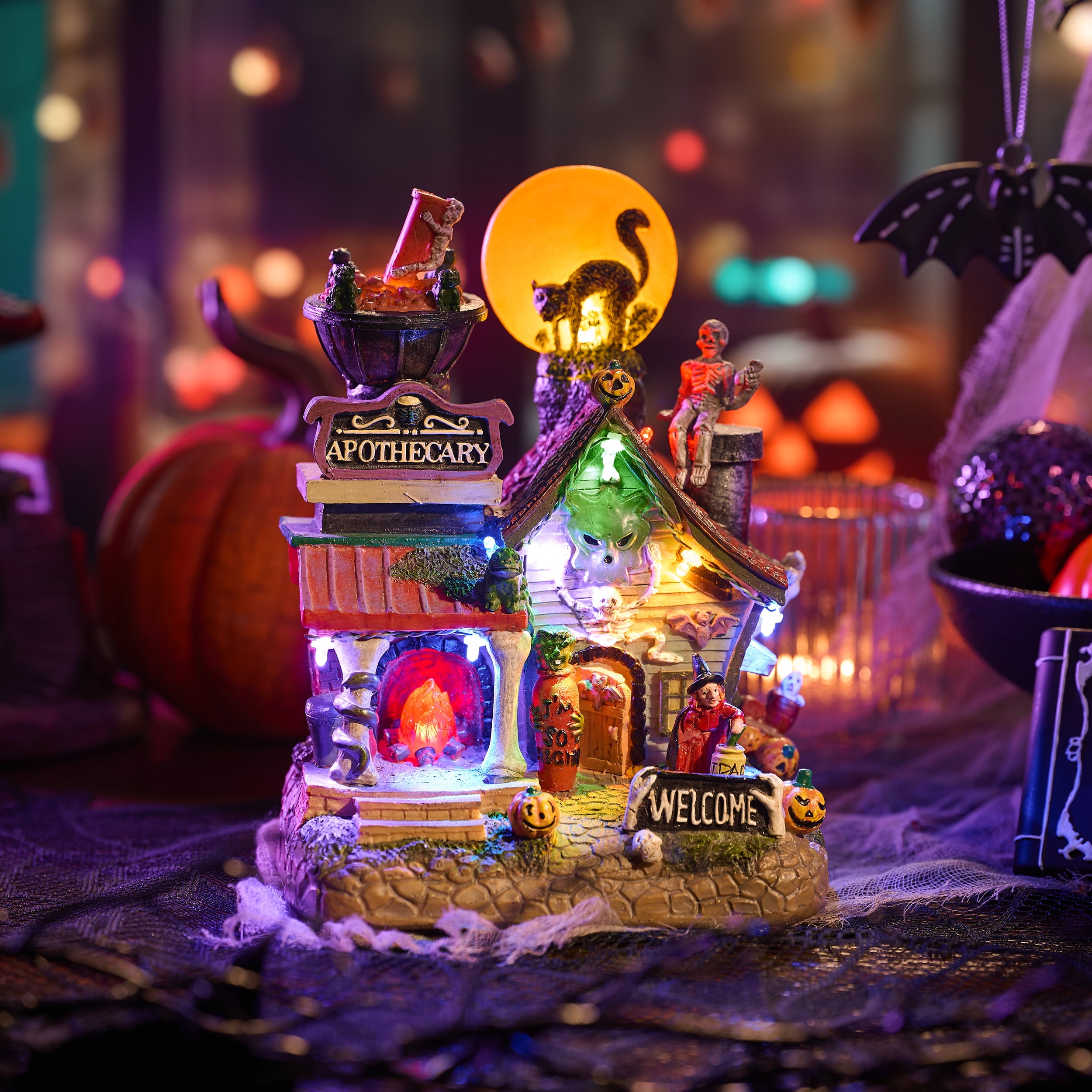 Valery Madelyn 8.08 inches Halloween Village Halloween Apothecary Haunted House Decoration with Black Cat, Skeleton, Pumpkins, Witch and Music, Lighted Halloween Village for Spooky Party Decor - Image 6