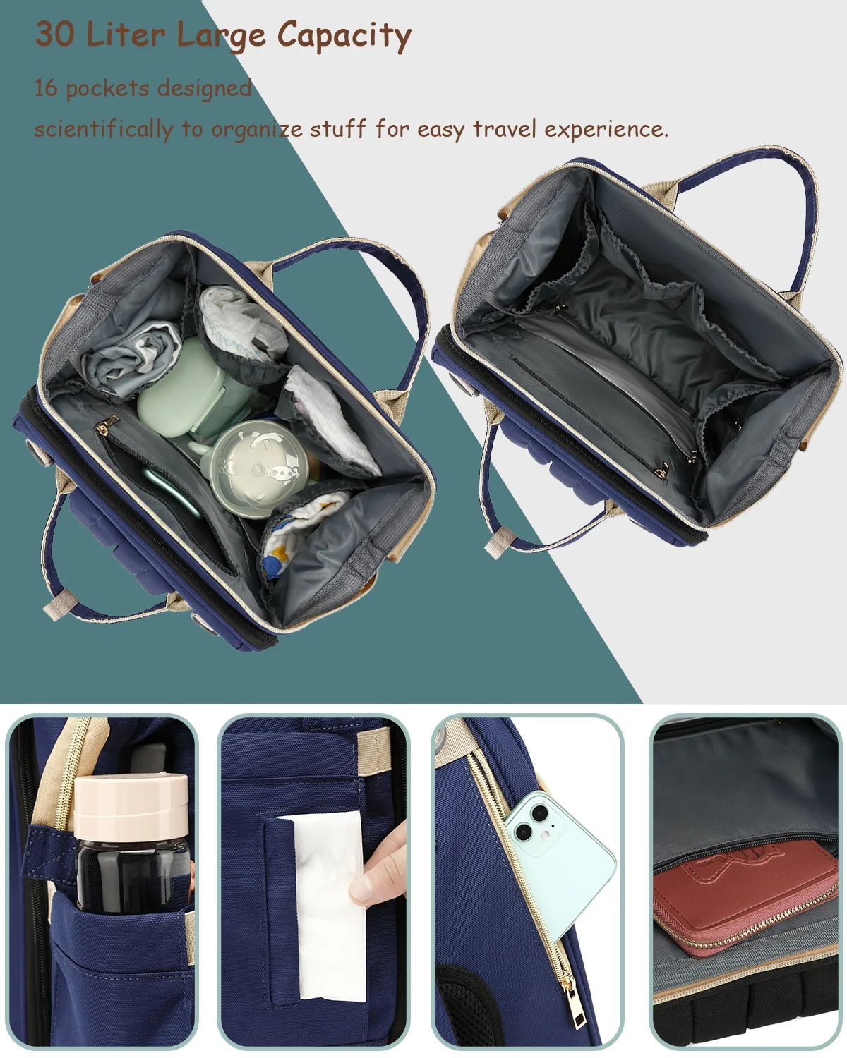 DEBUG Baby Diaper Bag with Changing Station, Baby Shower Gifts - 30L Dual-Use Baby Bag for Girl Boy Mom Dad with 16 Pockets - Travel Diaper Bag Backpack & Bassinet, D-Rings for Stroller, Navy Blue - Image 3