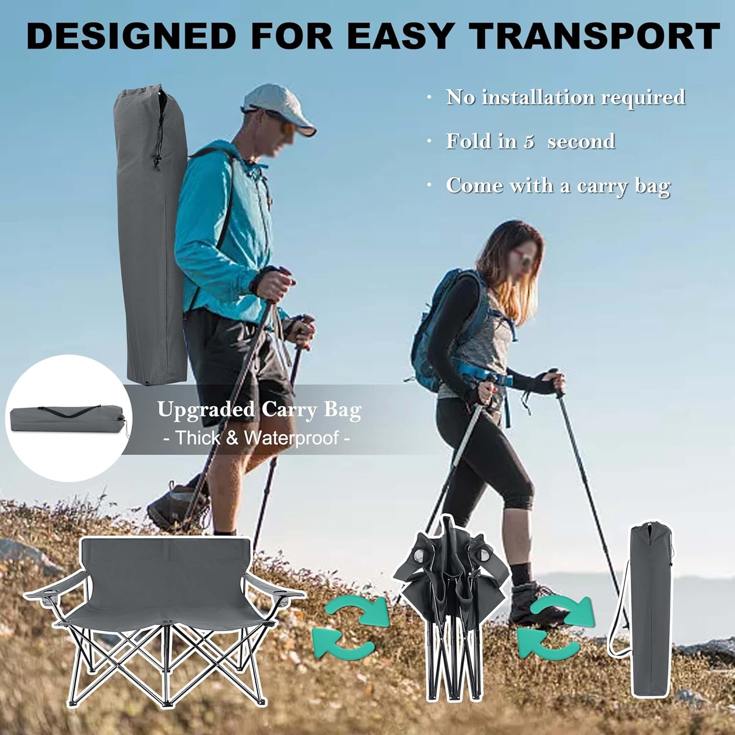 Double Camping Chair, Outdoor Folding Loveseat Chair Supports 500 LBS, Portable Oversized Lawn Chair with Cup Holders for Backpacking Hiking Picnic, Sturdy Steel Frame & 600D Oxford Fabric - Image 11