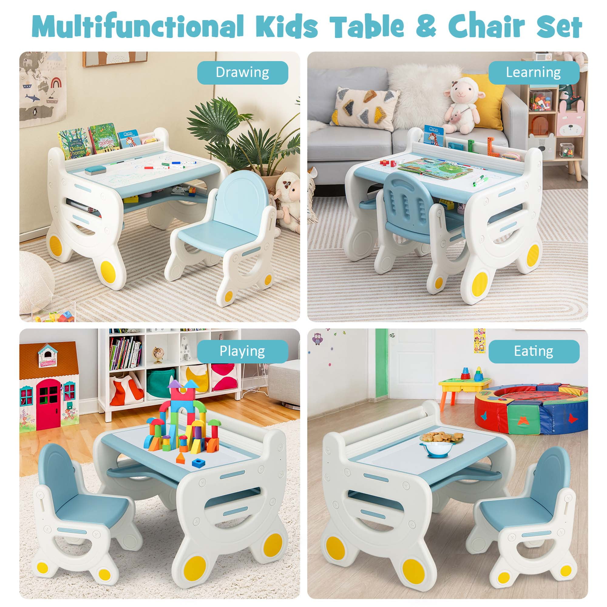 Costway Kids Drawing Activity Table and Chair Set with Storage, Blue - Image 10