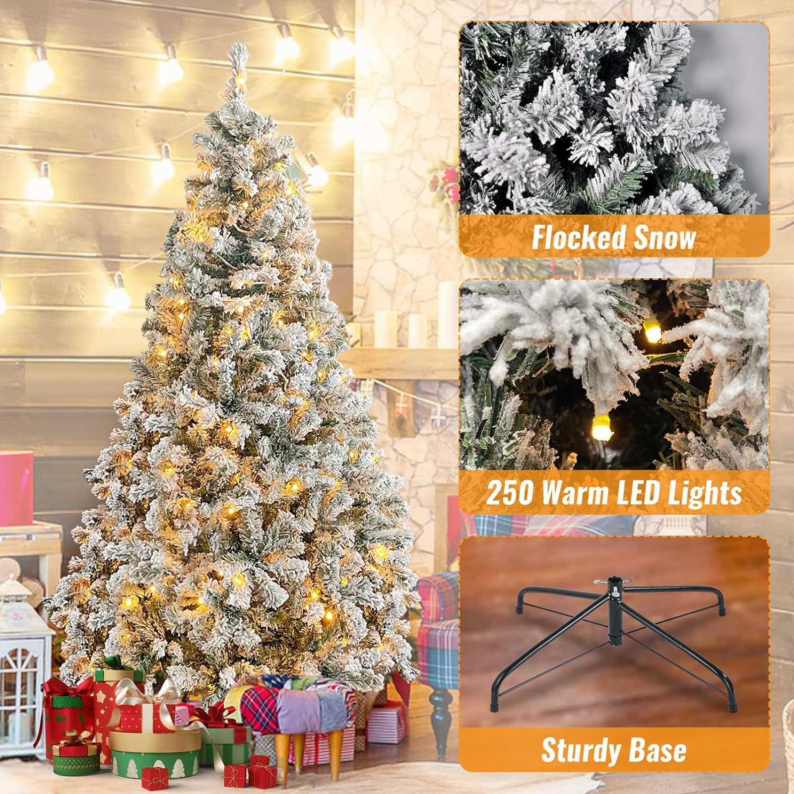 SUGIFT 6ft White Artificial Frosted Christmas Tree, Premium Holiday Pine Branches, Foldable Metal Base w/ 1000 Tips 250 Warm-White, Christmas Decor - Image 7