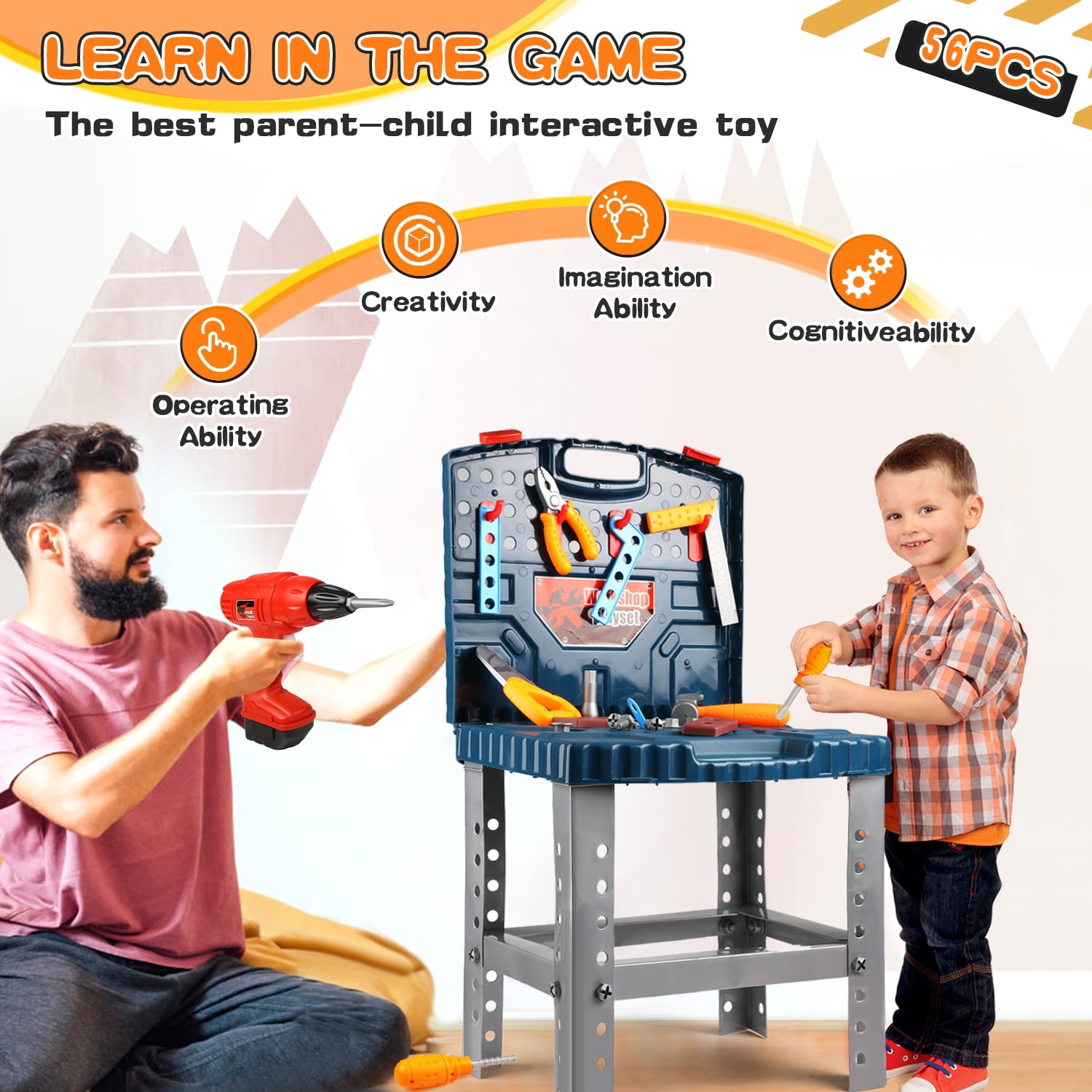 Beefunni 56 Pcs Kids Tool Bench Play Set, Foldable Pretend Workbench Accessories, Realistic Power Tools Workshop Construction Toys with Drill, Gift Toys for Boys Girls 3 4 5 6+ - Image 4