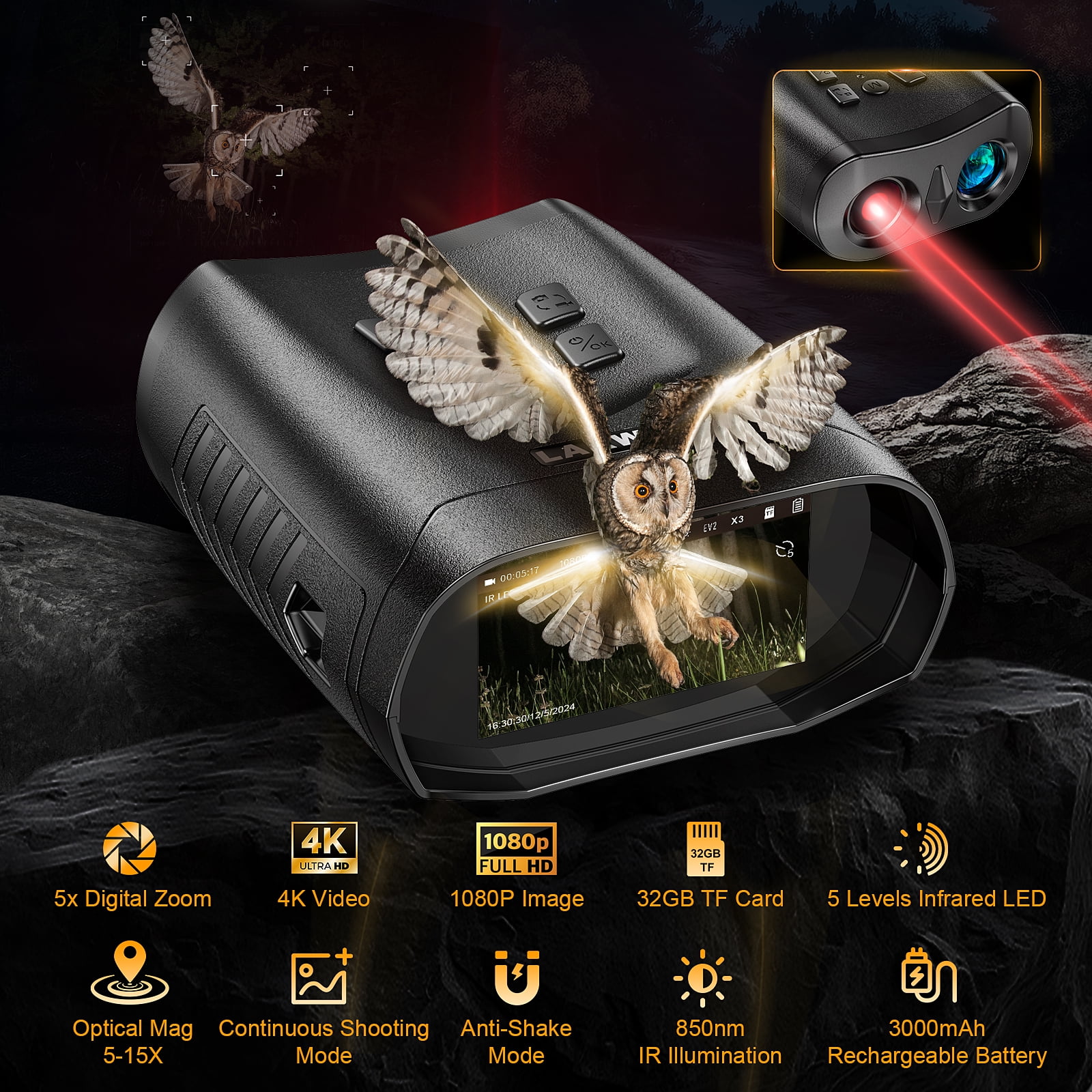 4K Night Vision Binoculars-Night Vision Goggles for Adults, 3'' IPS Large Screen Hunting Binoculars with 32GB Memory - Image 4