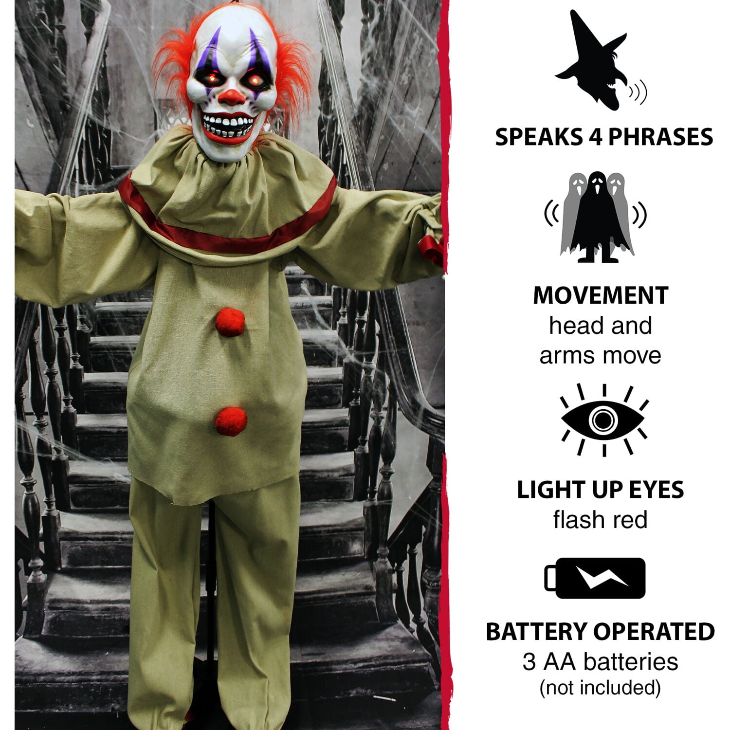 Haunted Hill Farm 5-Ft. Animatronic Clown, Indoor/Outdoor Halloween Decoration, HHCLOWN-4FLSA - Image 4